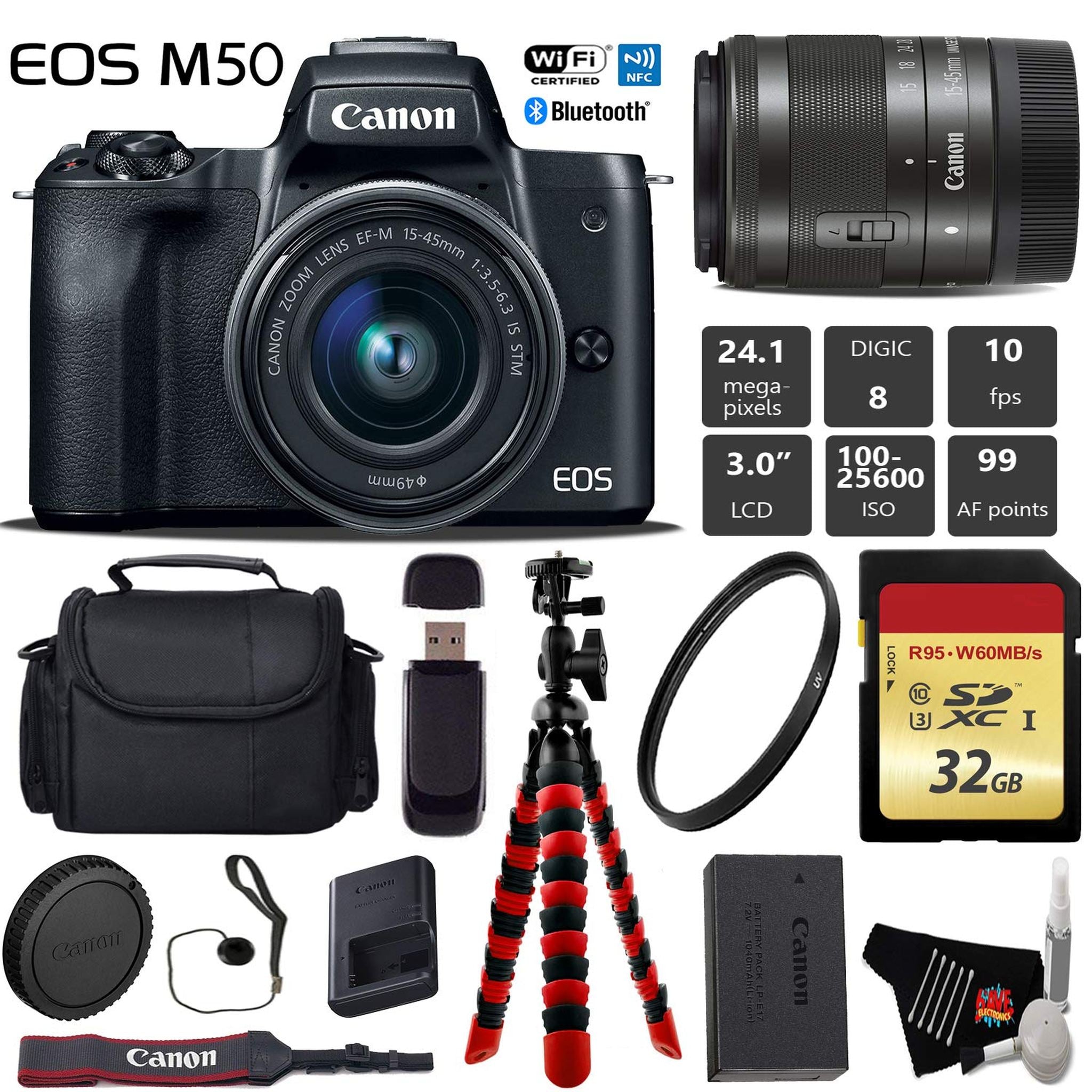 Canon EOS M50 Mirrorless Digital Camera with 15-45mm Lens + Flexible Tripod + UV Protection Filter + Professional Case + Canon