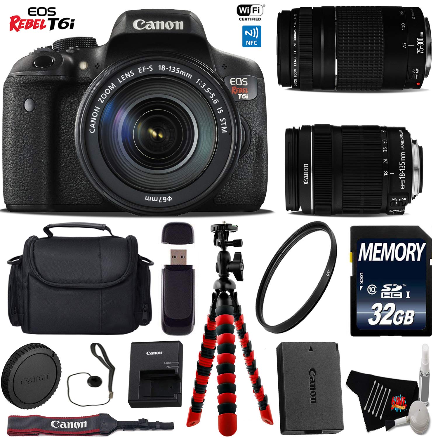Canon EOS Rebel T6i DSLR Camera 18-135mm is STM Lens & 75-300mm III Lens + Flexible Tripod + UV Protection Filter + Prof