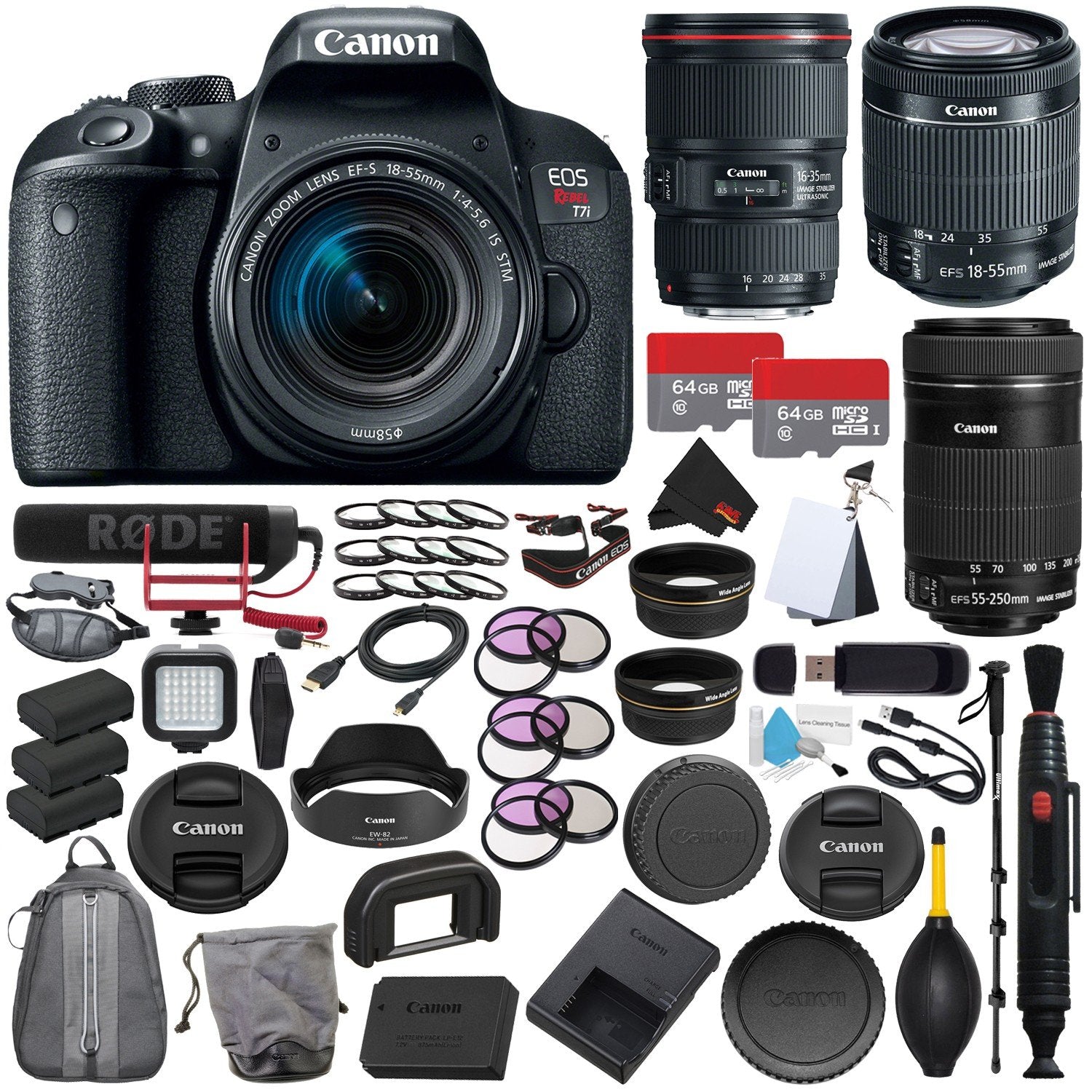 Canon EOS Rebel T7i DSLR Camera w/3 Lenses Professional Bundle