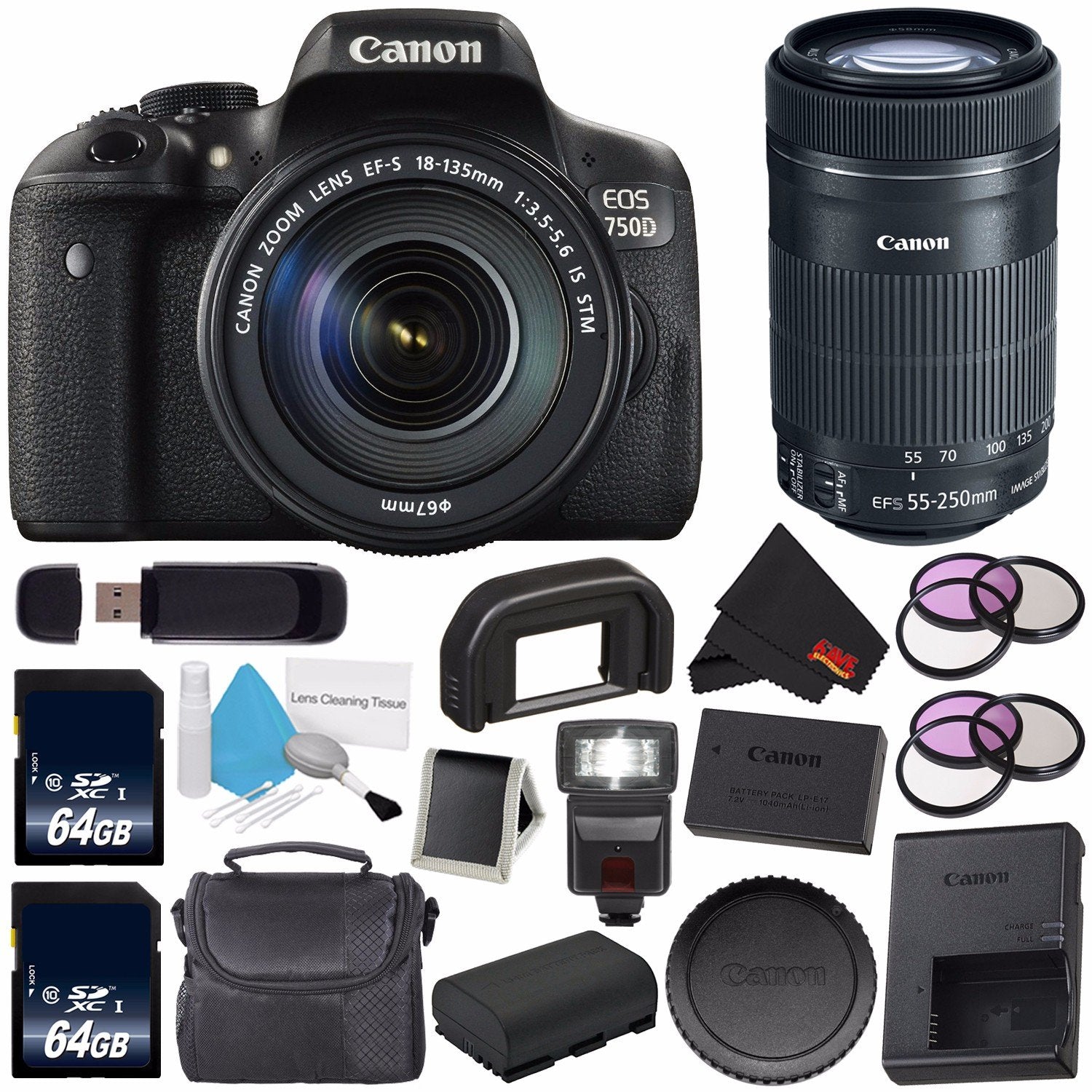 Canon EOS Rebel T6i/750D DSLR Camera with 18-135mm Lens (International Version) + Canon EF-S 55-250mm Lens + 64GB SDXC C