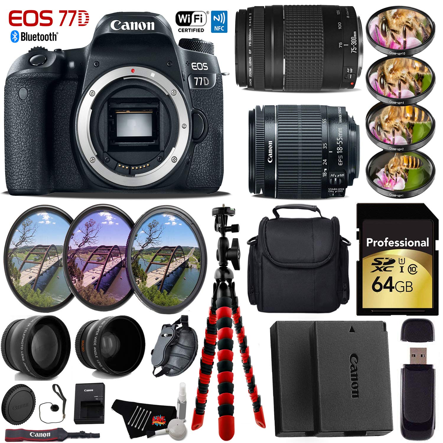Canon EOS 77D DSLR Camera with 18-55mm is STM Lens & 75-300mm III Lens + UV FLD CPL Filter Kit + 4 PC Macro Kit + Wide A