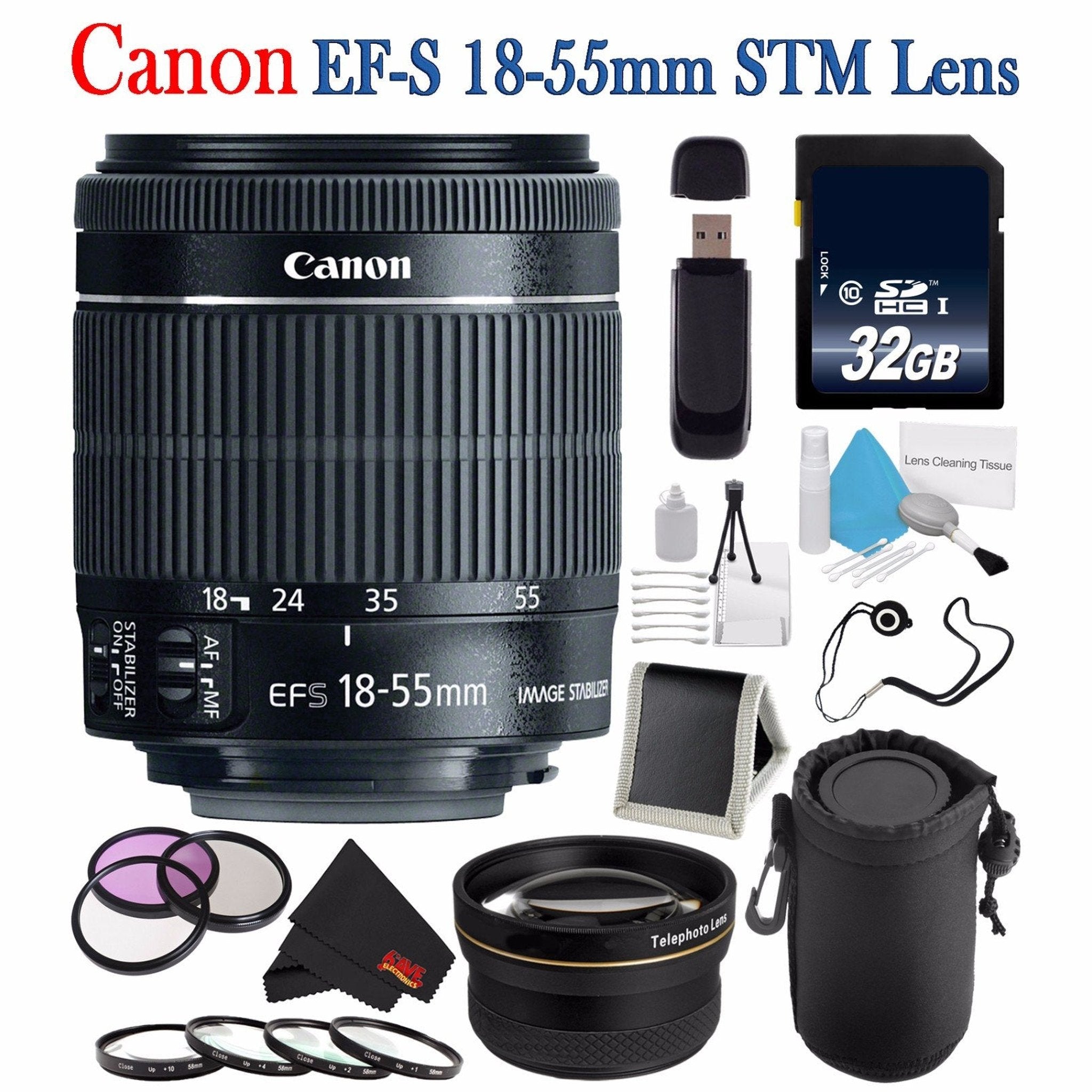 Canon EF-S 18-55mm f/3.5-5.6 IS STM Lens 8114B002 + 58mm 3 Piece Filter Kit + Deluxe Lens Pouch + 58mm 2x Telephoto Lens Bundle Canon