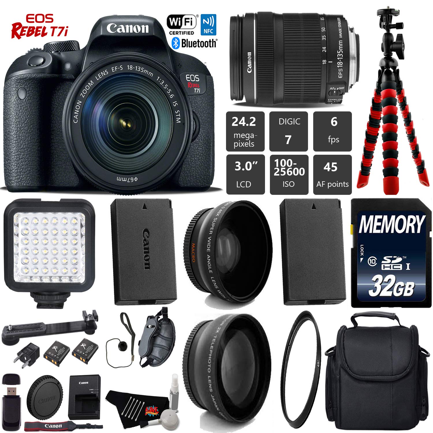 Canon EOS Rebel T7i DSLR Camera with 18-135mm is STM Lens + LED Bundle 2
