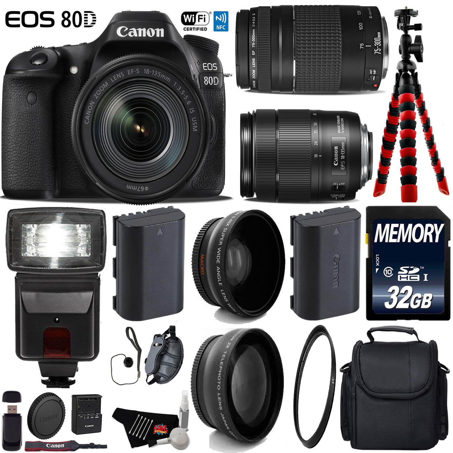 Canon EOS 80D DSLR Camera with 18-135mm is STM Lens & 75-300mm III Lens + Flash + UV FLD CPL Filter Kit Ultimate Bundle