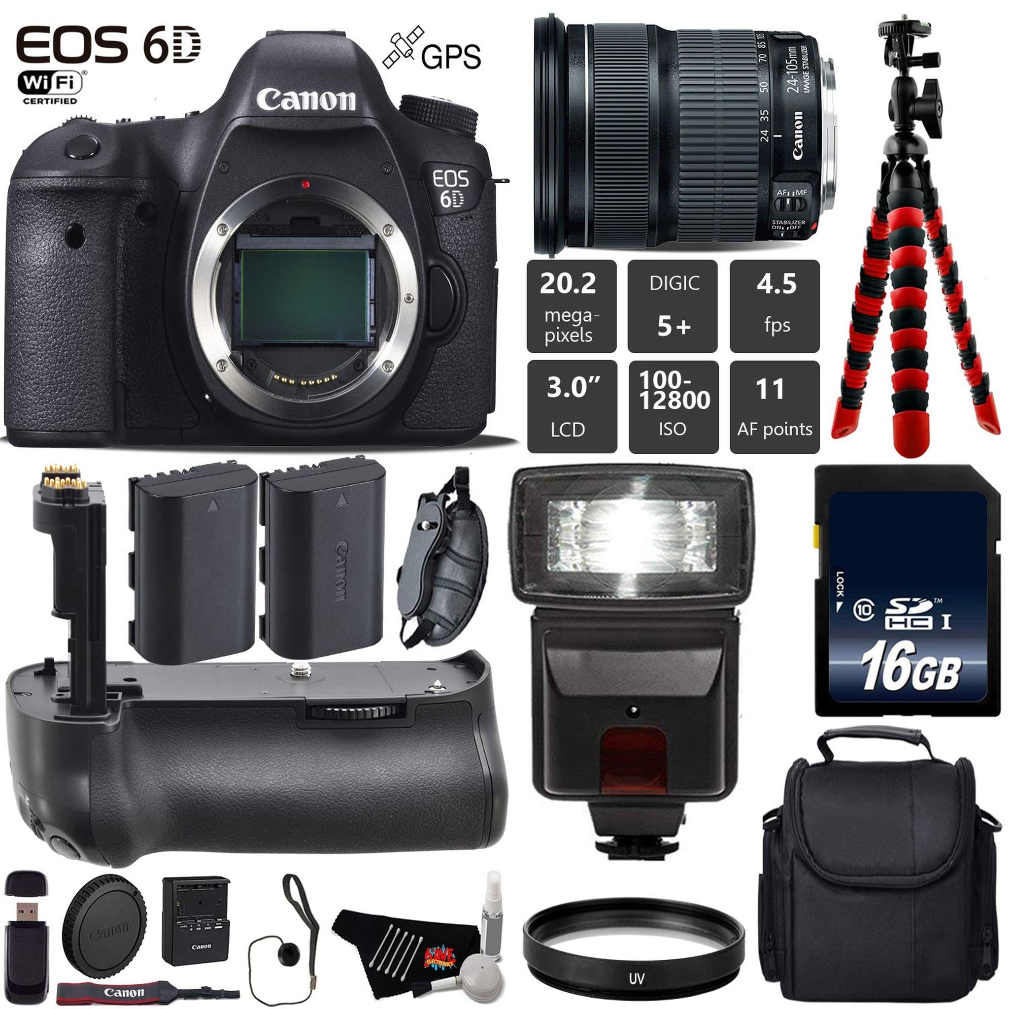Canon EOS 6D DSLR Camera with 24-105mm is STM Lens + Professional Battery Grip + UV Protection Filter + Flash + Extra Ba Canon