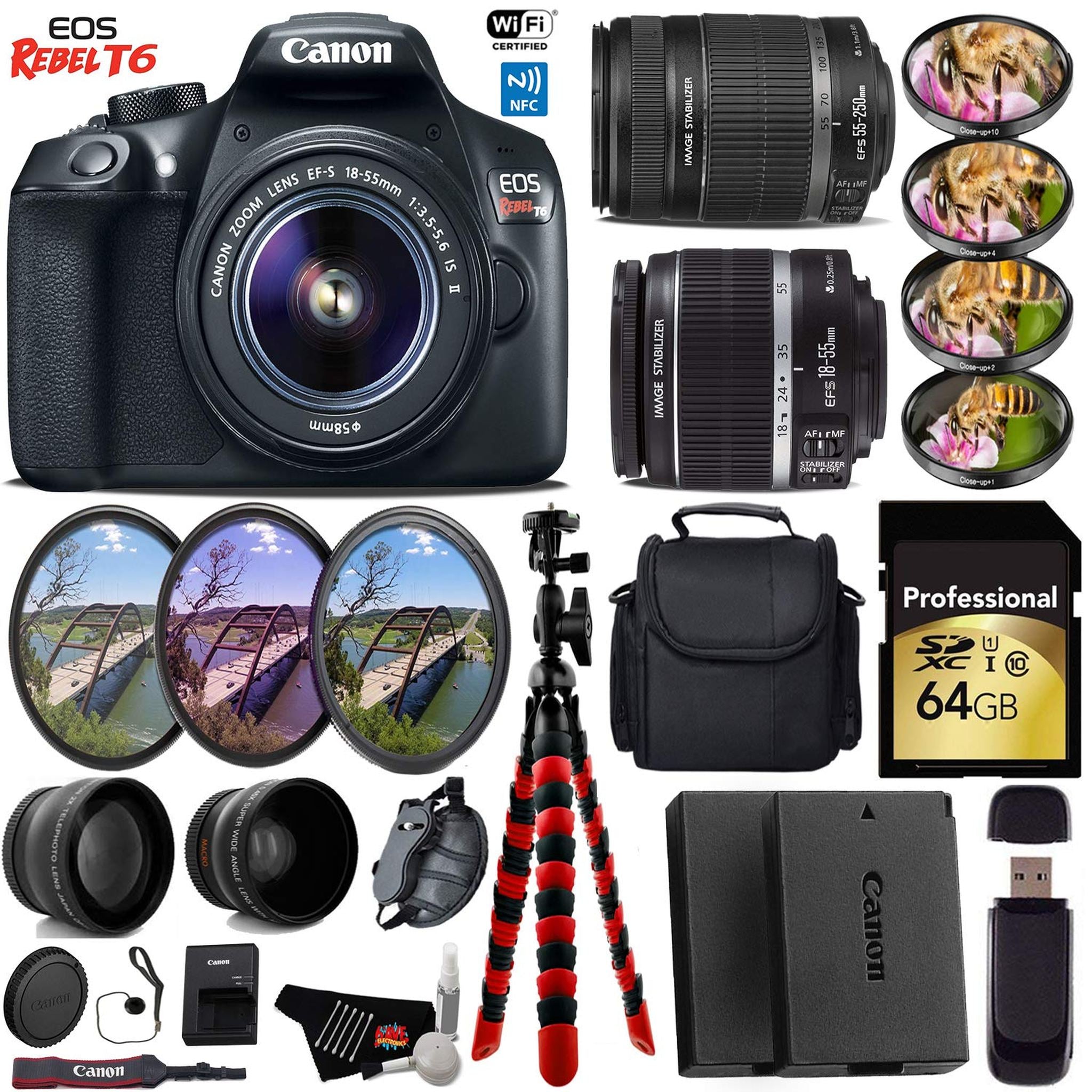 Canon EOS Rebel T6 DSLR Camera + 18-55mm is Lens & 55-250mm is II Lens + UV FLD CPL Filter Kit + 4 PC Macro Kit + Wide A Canon