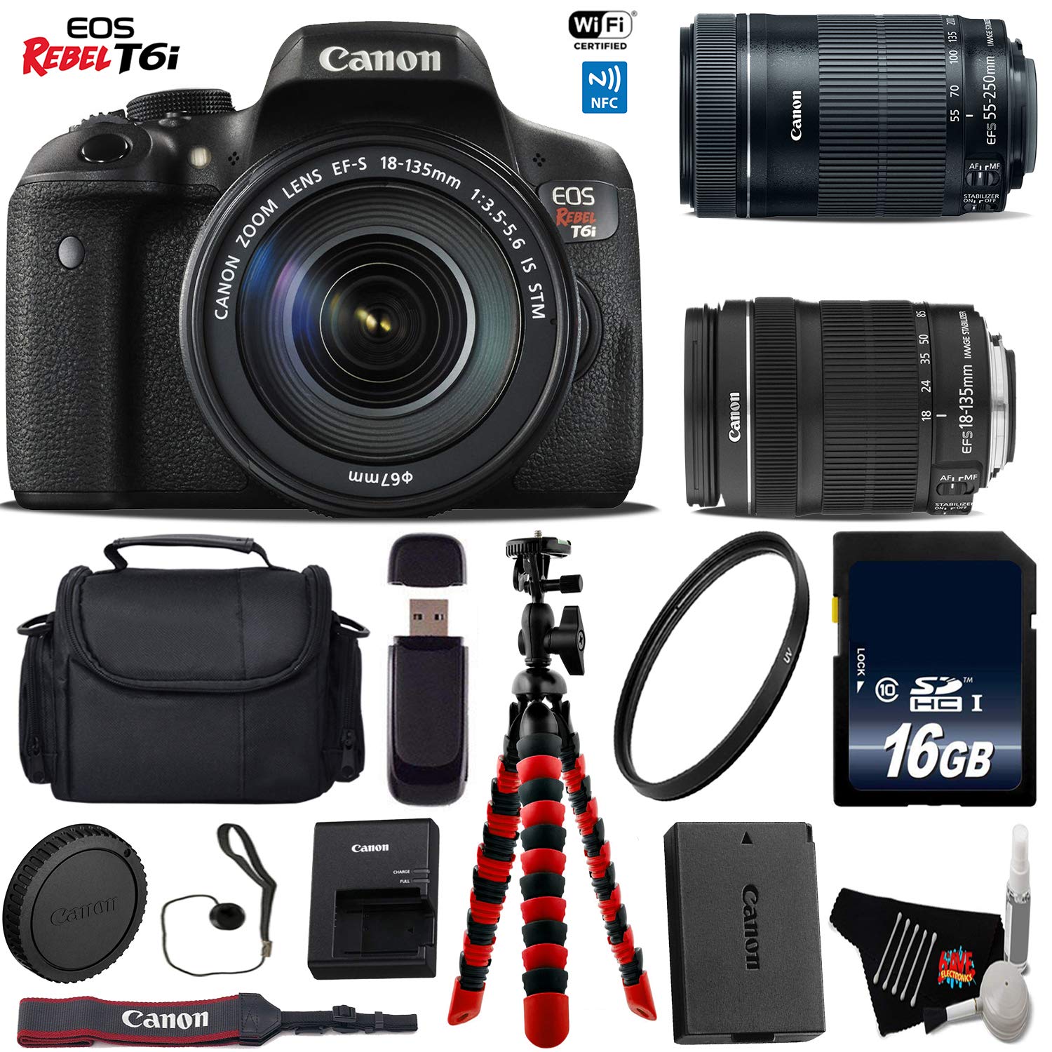 Canon EOS Rebel T6i DSLR Camera 18-135mm is STM Lens & 55-250mm is STM Lens + Flexible Tripod + UV Protection Filter + P