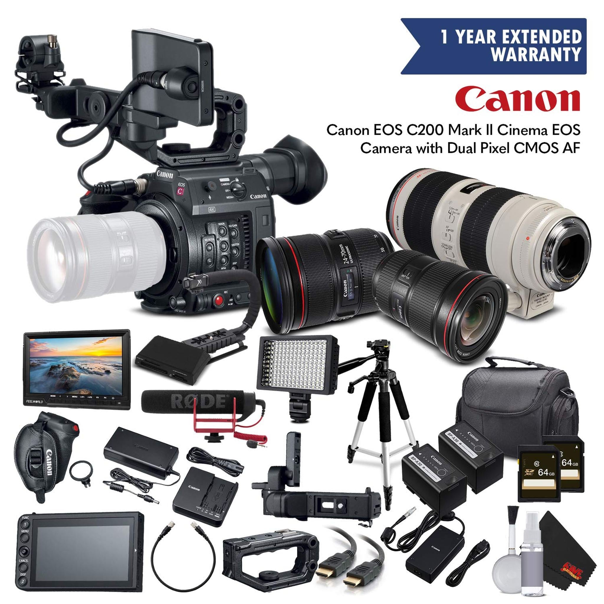 Canon EOS C200 Cinema Camera - Includes 16-35mm Lens, 24-70mm Lens, 70-200mm Lens, with 2 Memory Cards, 2 Extra Batterie