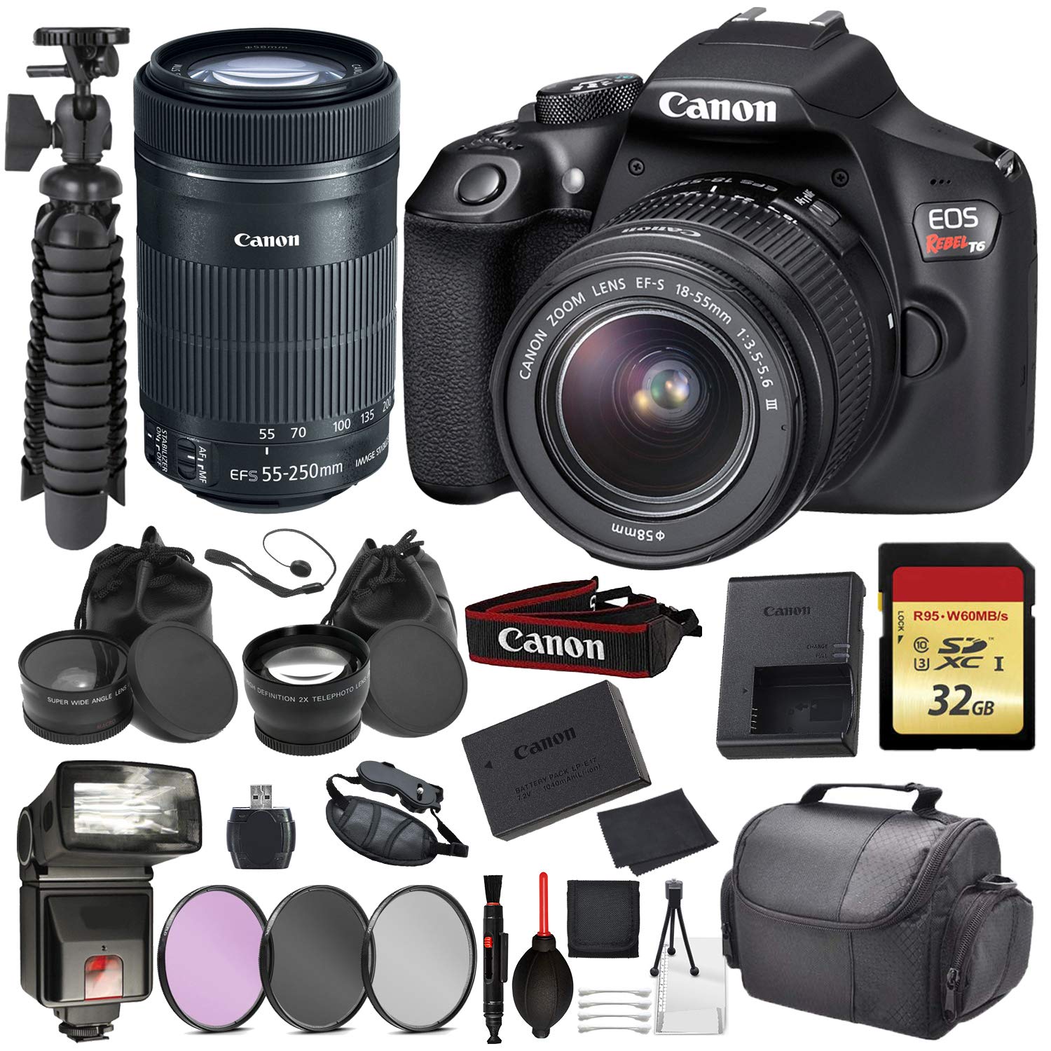 Canon EOS Rebel T6 Digital SLR Camera with EF-S 18-55mm + EF-S 55-250mm STM (Black) Essential Accessory Bundle Package D