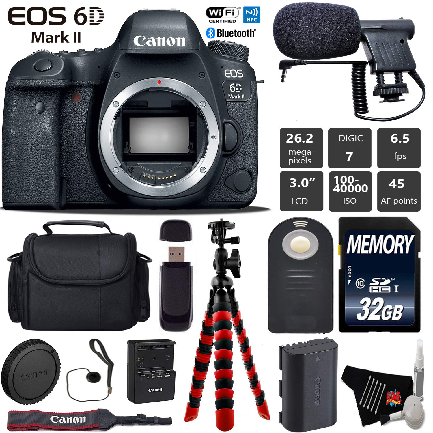 Canon EOS 6D Mark II DSLR Camera (Body Only) + Wireless Remote + Condenser Microphone + Case + Wrist Strap + Tripod Starter Bundle