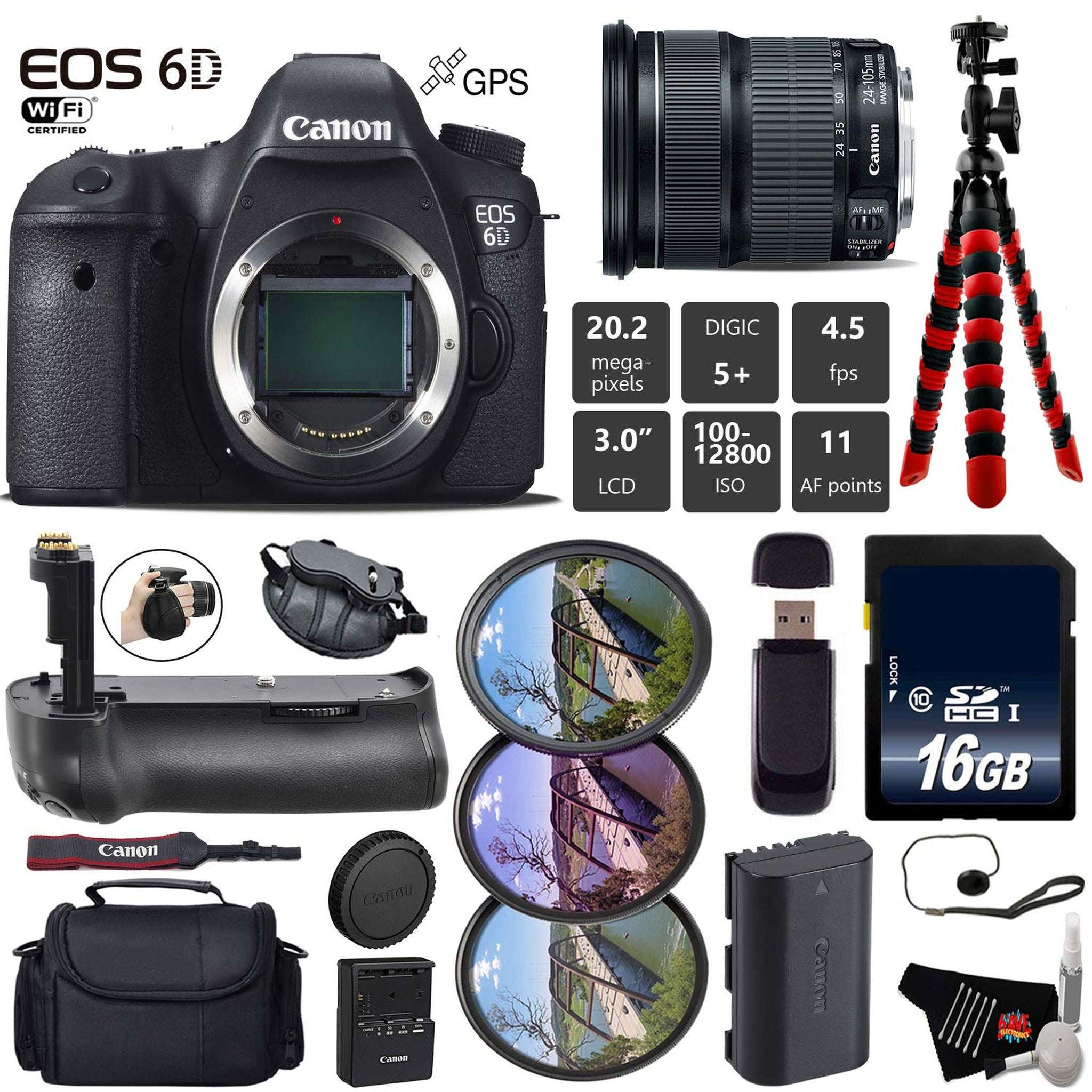 Canon EOS 6D DSLR Camera with 24-105mm is STM Lens + Professional Battery Grip + UV FLD CPL Filter Kit + Case + Wrist St Canon