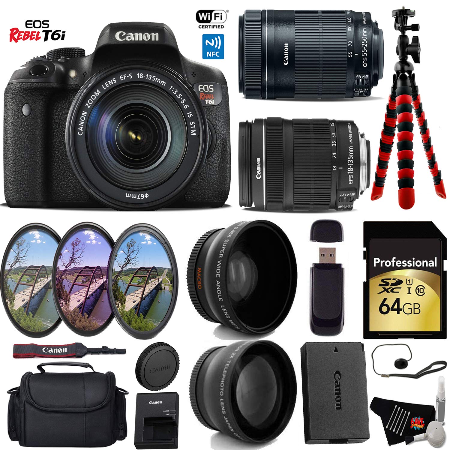 Canon EOS Rebel T6i DSLR Camera 18-135mm is STM Lens & 55-250mm is STM Lens + UV FLD CPL Filter Kit + Wide Angle & Telep