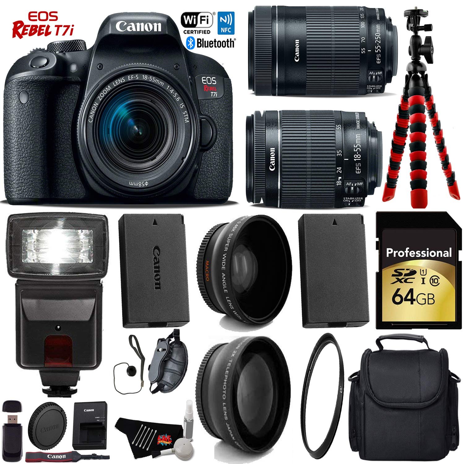 Canon EOS Rebel T7i DSLR Camera w/Two Lenses Pro Bundle