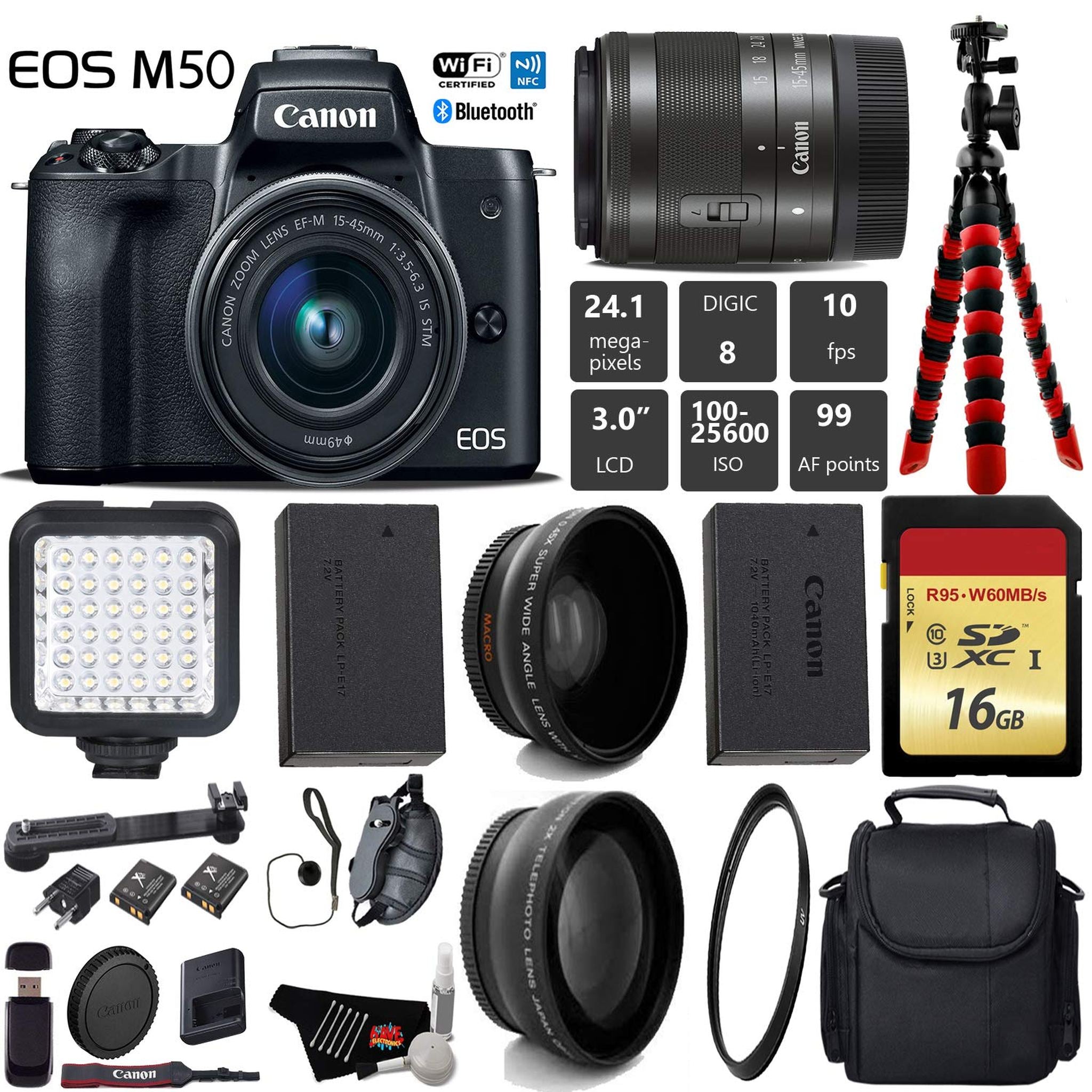 Canon EOS M50 Mirrorless Digital Camera with 15-45mm Lens + LED + UV FLD CPL Filter Kit + Wide Angle & Telephoto Lens + Canon