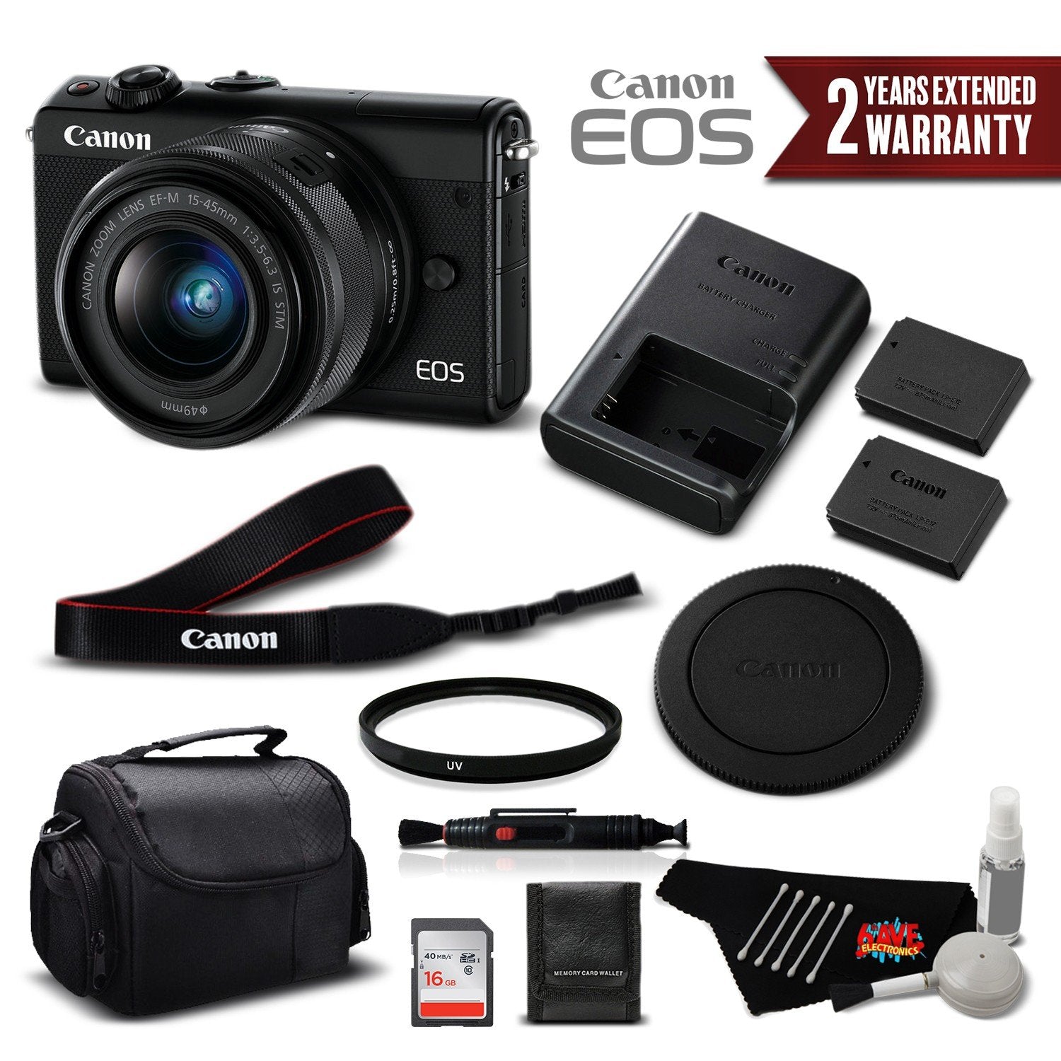 Canon EOS M100 Mirrorless Digital Camera with 15-45mm Lens Black 2209C011 International Version - Standard Bundle