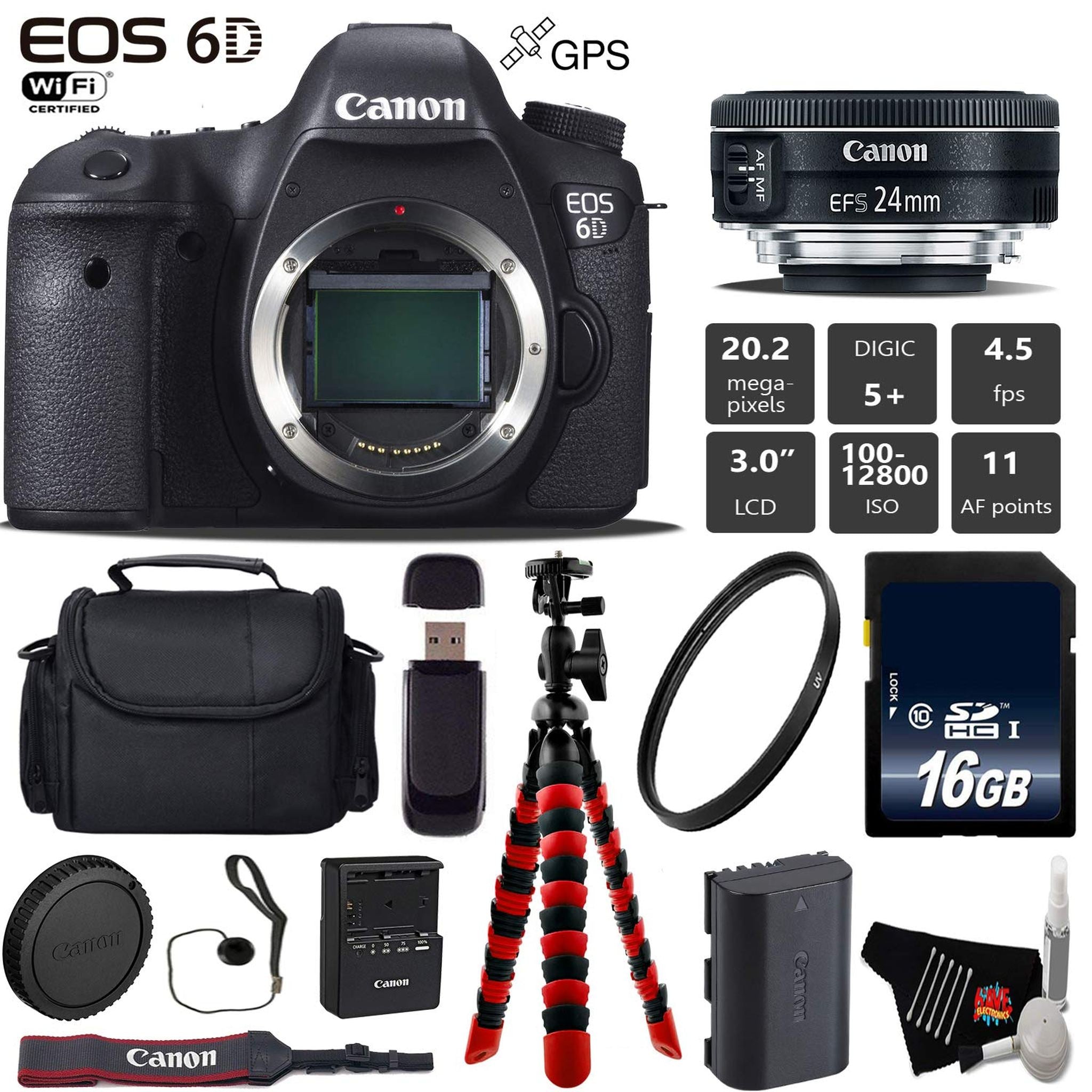 Canon EOS 6D DSLR Camera with 24mm f/2.8 STM Lens + Wireless Remote + UV Protection Filter + Case + Wrist Strap + Tripod Canon