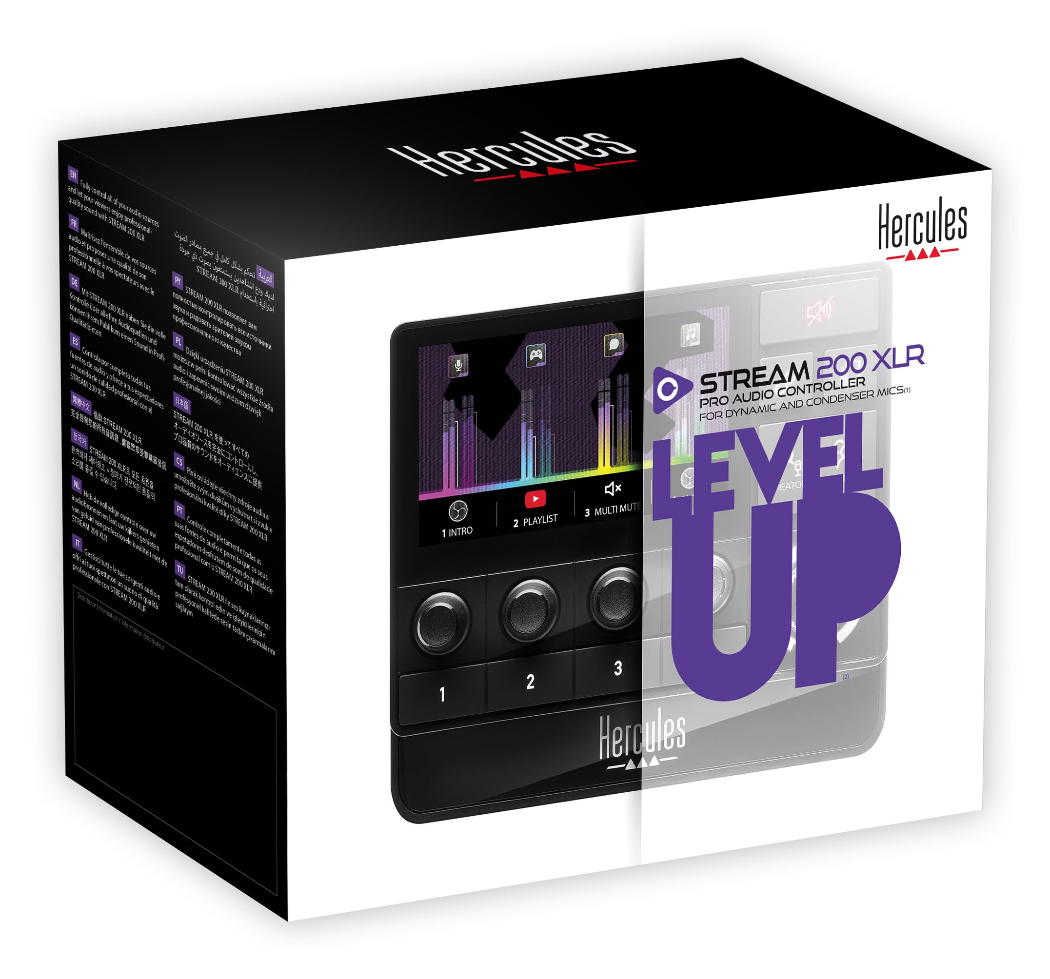 Hercules Stream 200 XLR, Pro Audio Mixer for Advanced Content Creators, with XLR Mic Pre-Amp, LCD Screen, High Resolution Encoders, 4 Actions Buttons and Customizable Interface.  Compatible with PC.