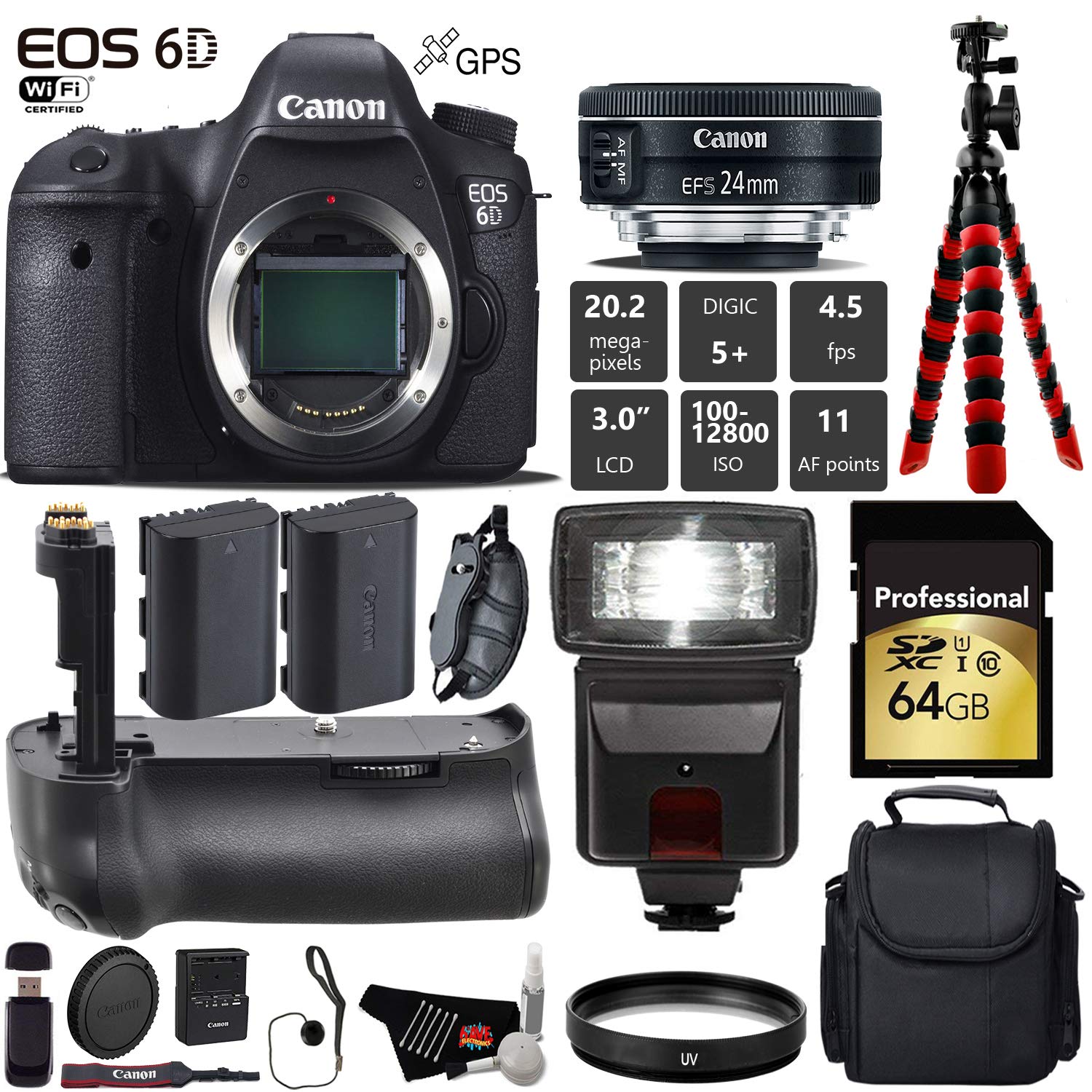 Canon EOS 6D DSLR Camera with 24mm f/2.8 STM Lens + Professional Battery Grip + UV Protection Filter + Flash + Extra Bat