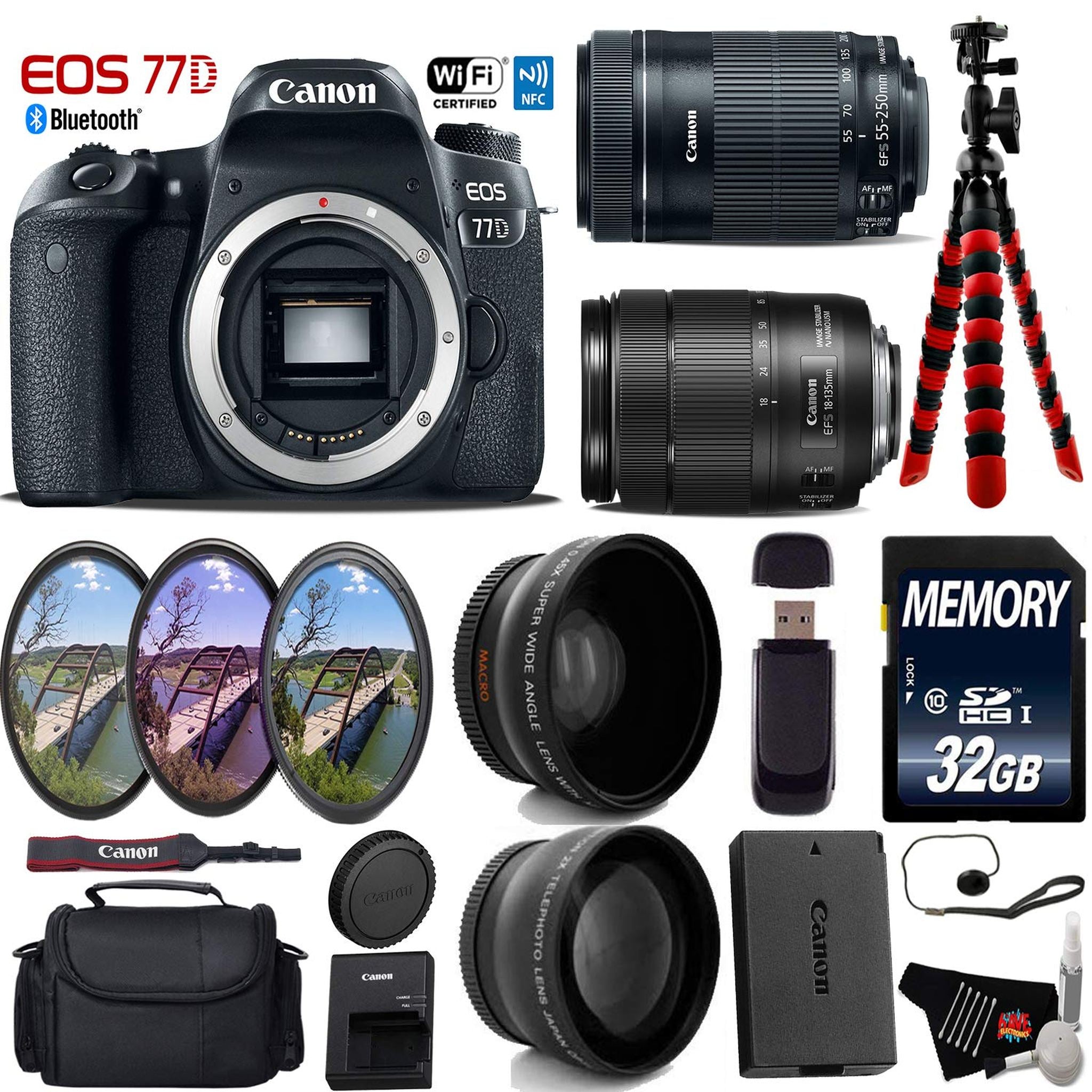 Canon EOS 77D DSLR Camera with 18-135mm is STM Lens & 55-250mm is STM Lens + UV FLD CPL Filter Kit + Wide Angle & Teleph Canon