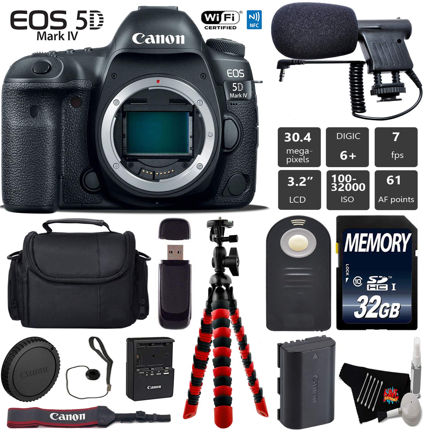 Canon EOS 5D Mark IV DSLR Camera (Body Only) + Wireless Remote + Condenser Microphone + Case + Wrist Strap + Tripod Starter Bundle