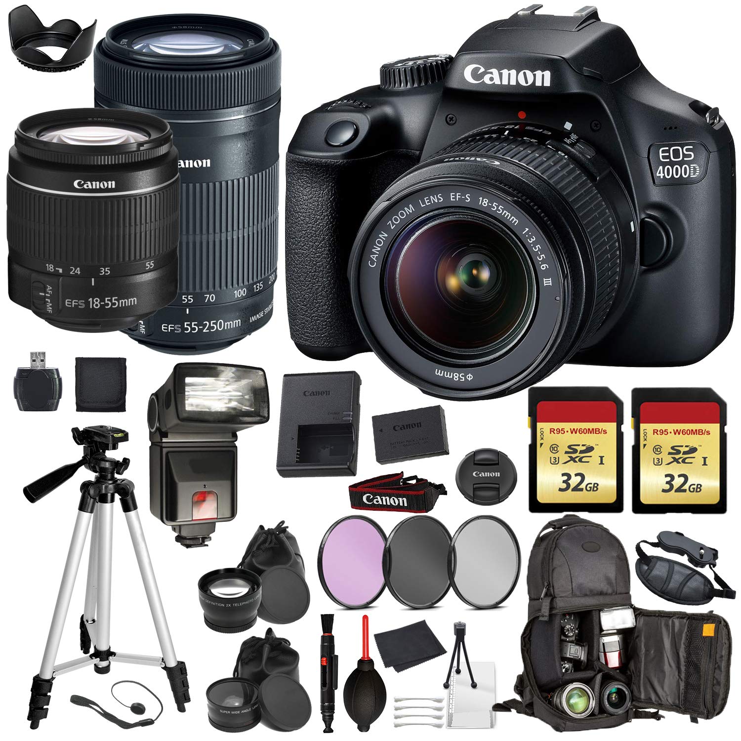 Canon EOS Rebel 4000d Digital SLR Camera with EF-S 18-55mm + EF-S 55-250mm STM (Black) Pro Accessory Bundle Package Deal