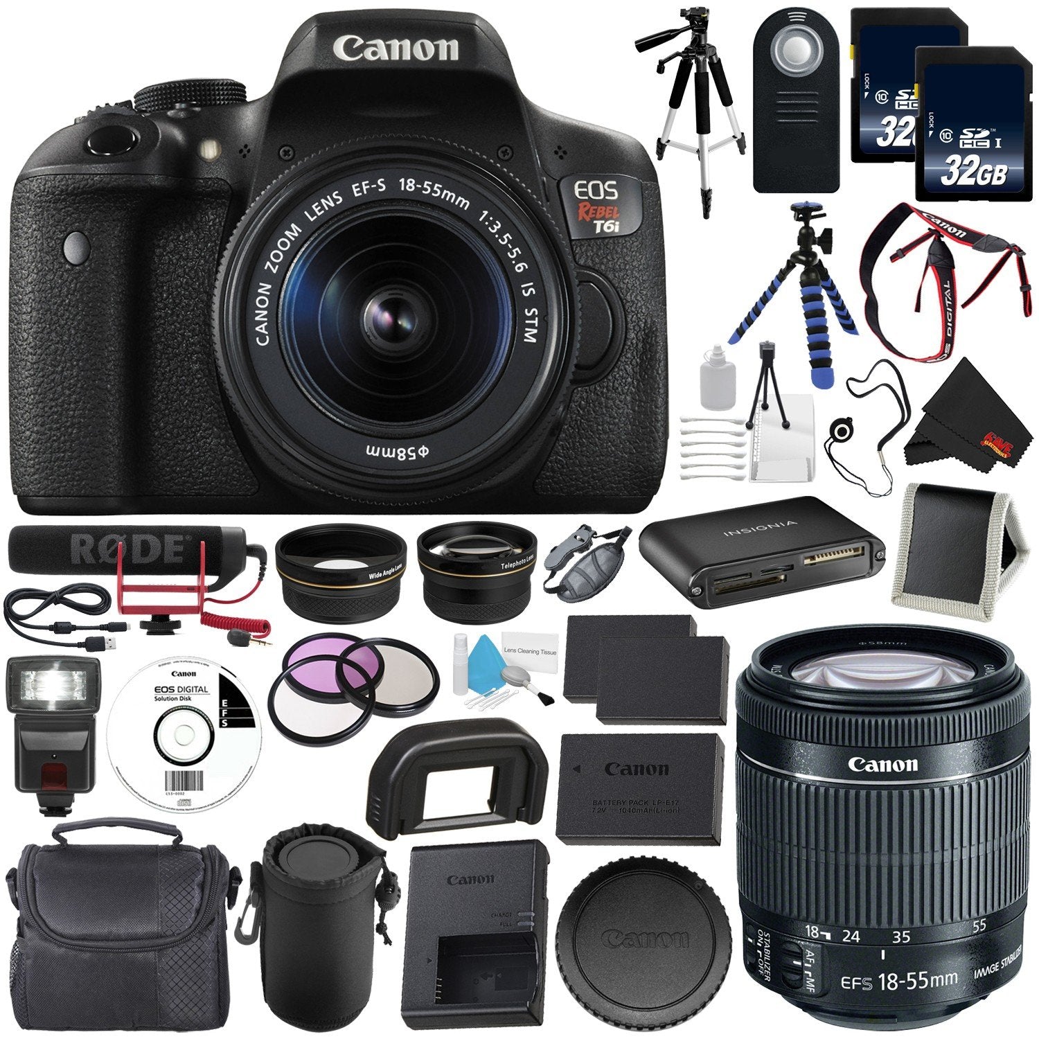 Canon EOS Rebel T6i DSLR Camera with EF-S 18-55mm f/3.5-5.6 is STM Lens 0591C003 + Rode VideoMic GO + Deluxe Starter Kit + Carrying Case + Deluxe Cleaning Kit + Lens Cap Keeper Bundle