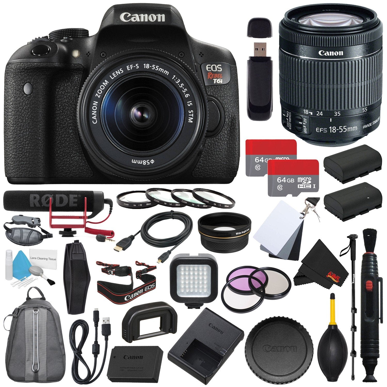 6Ave Canon EOS Rebel T6i DSLR Camera with EF-S 18-55mm f/3.5-5.6 IS STM Lens 0591C003 + Rode VideoMic GO + Deluxe Cleaning Kit + Pro Hand Camera Grip + SD Card USB Reader + Mini HDMI Cable Bundle