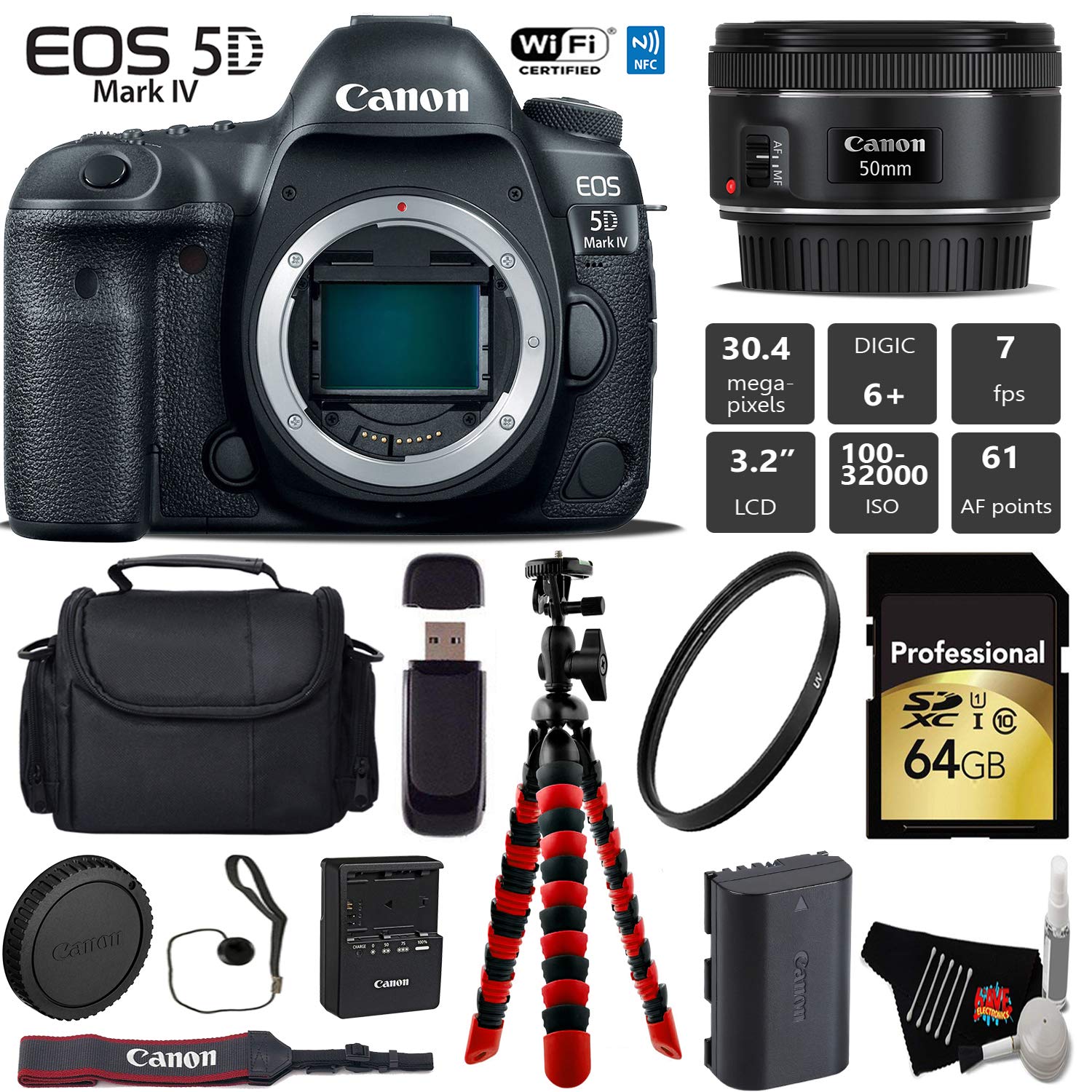 Canon EOS 5D Mark IV DSLR Camera with 50mm f/1.8 STM Lens + Wireless Remote + UV Protection Filter + Case + Wrist Strap Pro Bundle