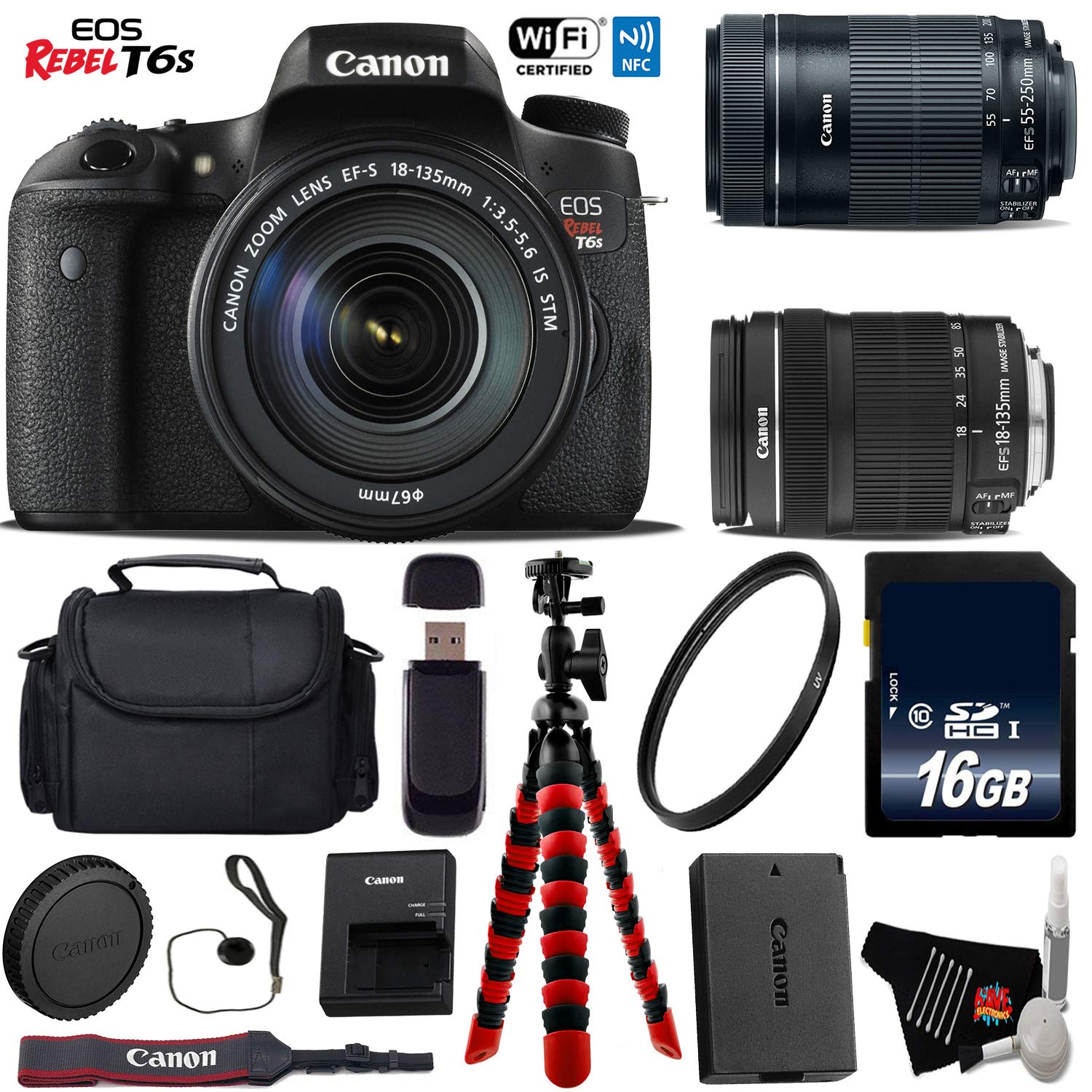Canon EOS Rebel T6S DSLR Camera 18-135mm is STM Lens & 55-250mm is STM Lens + Flexible Tripod + UV Protection Filter Advanced Bundle