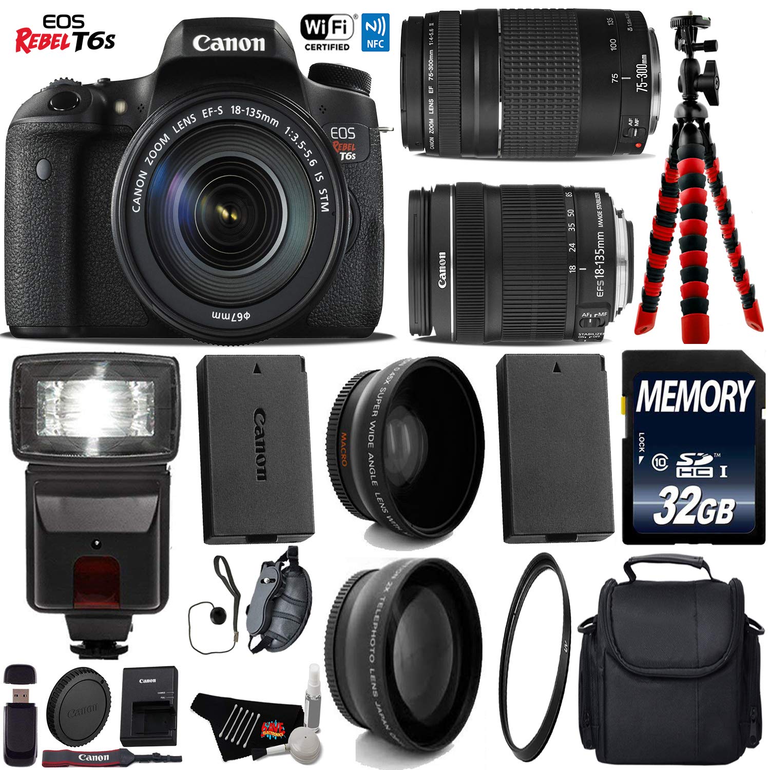 Canon EOS Rebel T6S DSLR Camera with 18-135mm IS STM Lens & 75-300mm III Lens + Flash + UV FLD CPL Filter Starter Bundle