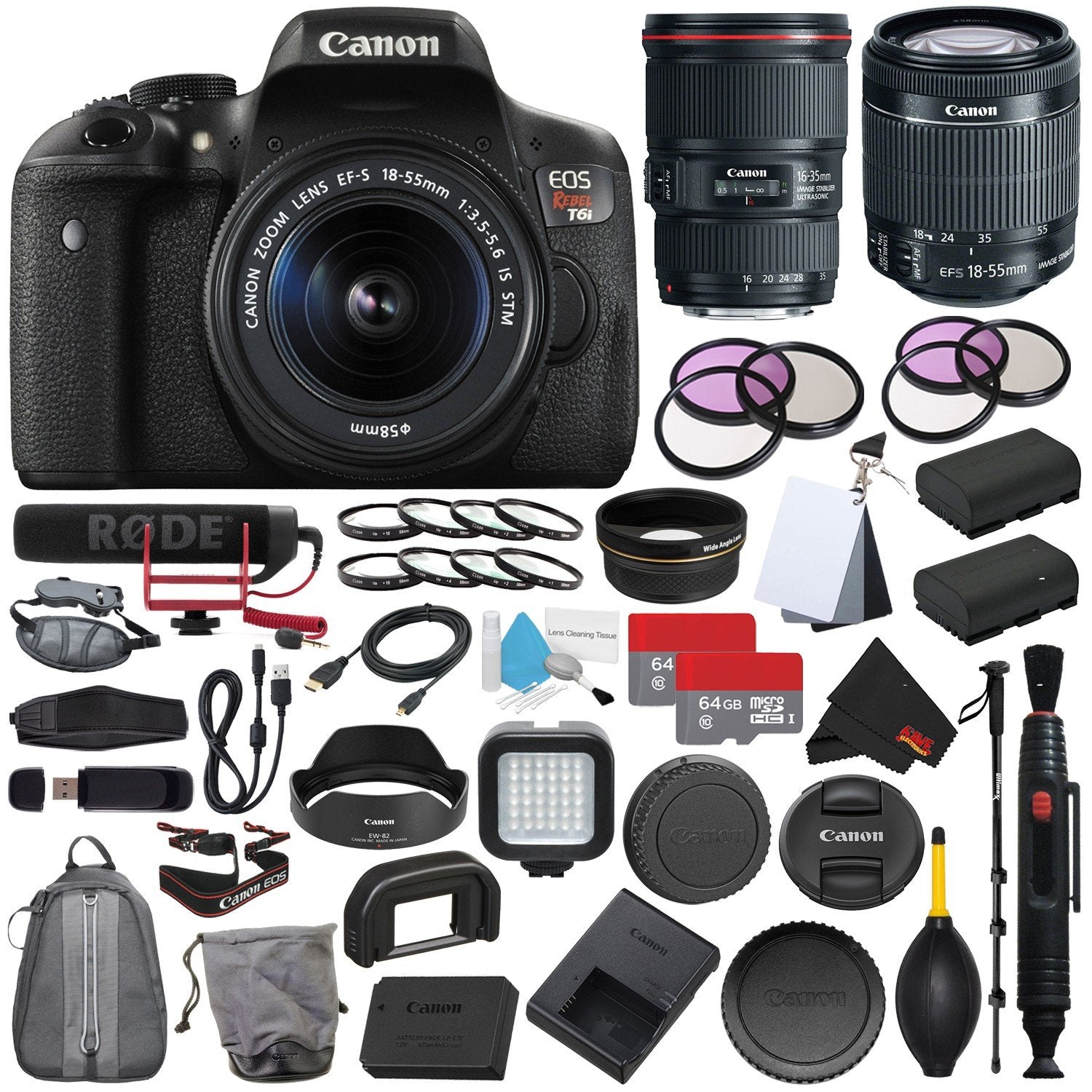 6Ave Canon EOS Rebel T6i DSLR Camera EF-S 18-55mm f/3.5-5.6 is STM Lens 0591C003 + Canon EF 16-35mm f/4L is USM Lens (In