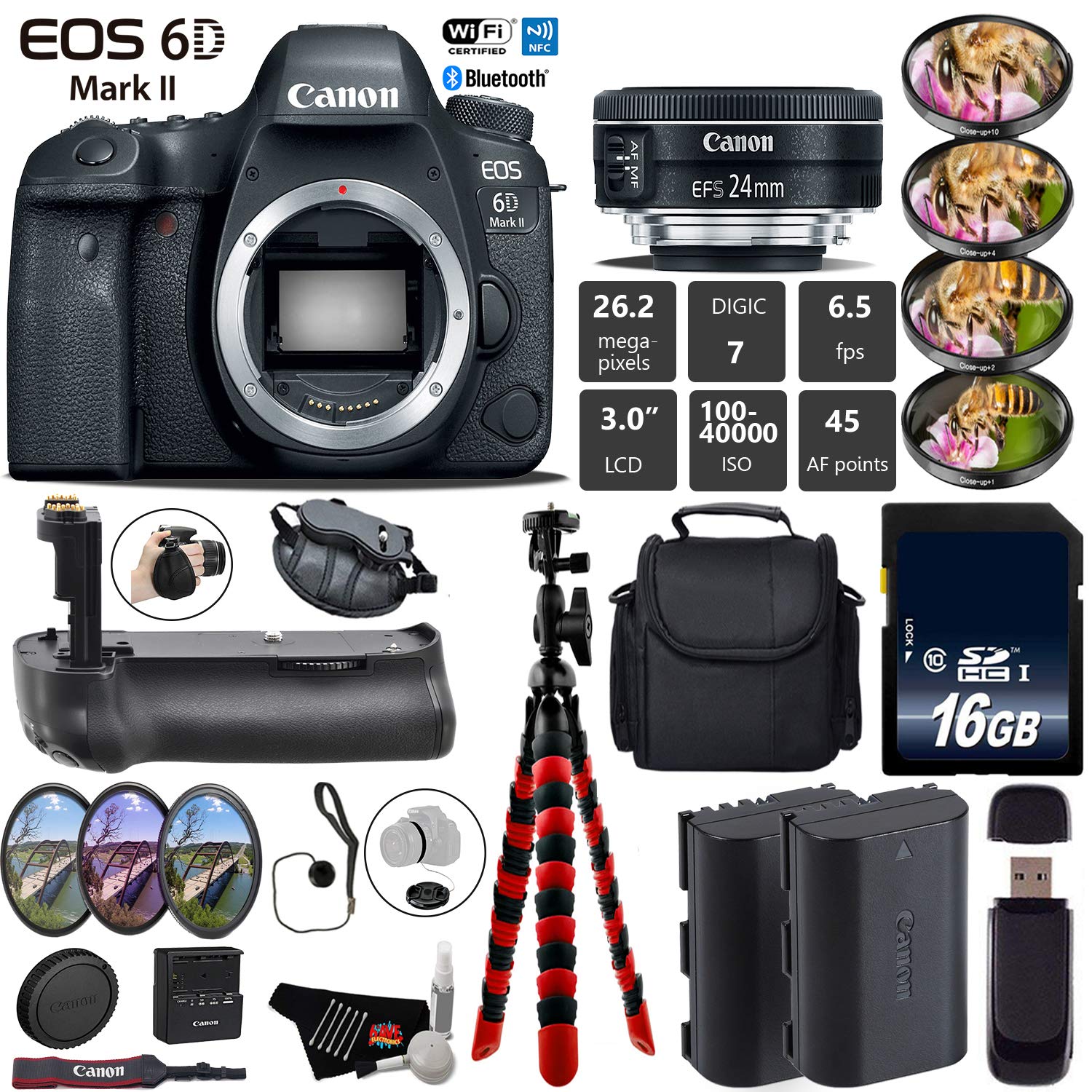 Canon EOS 6D Mark II DSLR Camera With 24mm 2.8 STM Lens + Professional Battery Grip + 4PC Macro Filter Kit + LED Kit Base Bundle