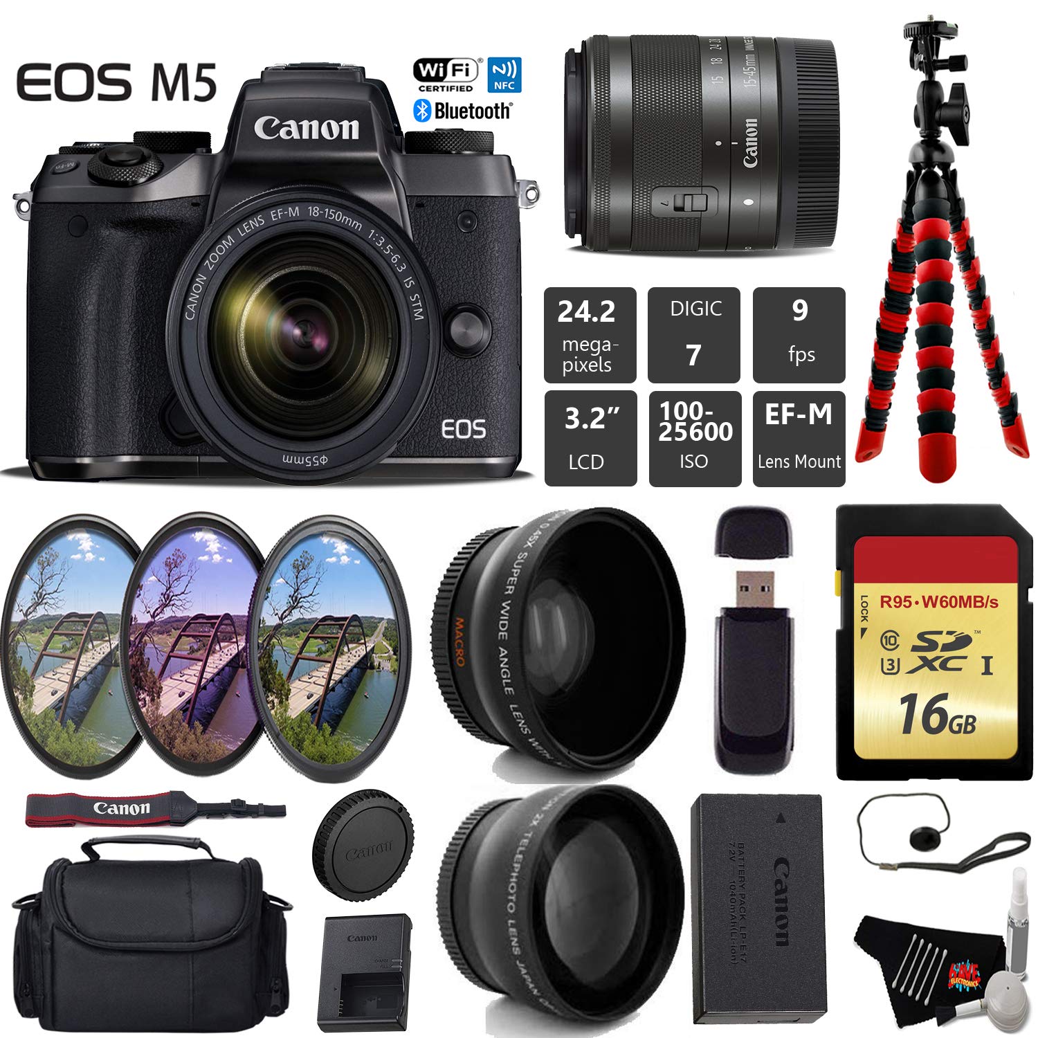 Canon EOS M5 Mirrorless Digital Camera with EF-M 15-45mm is STM Lens + UV FLD CPL Filter Kit Base Bundle