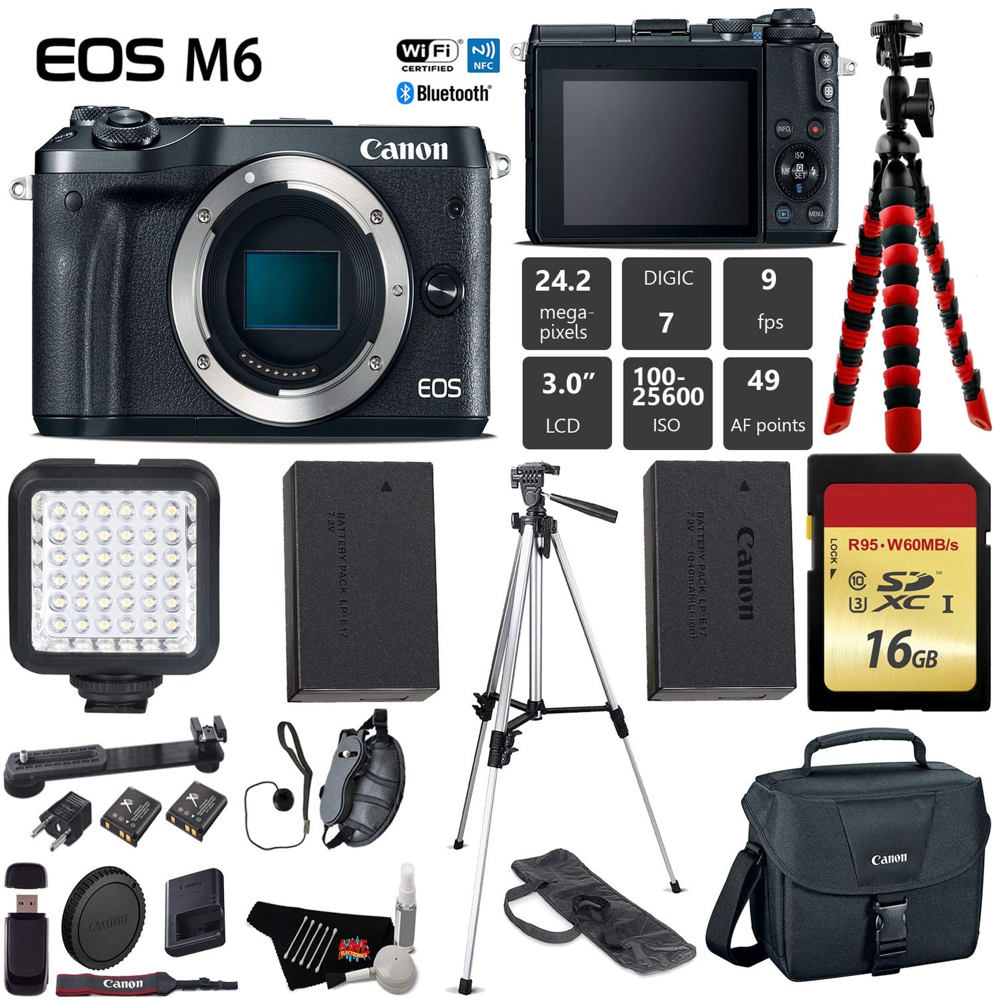 Canon EOS M6 Mirrorless Digital Camera Black, Body Only + 16GB Class 10 Memory Card + LED + Canon Camera Case + Flexib Canon
