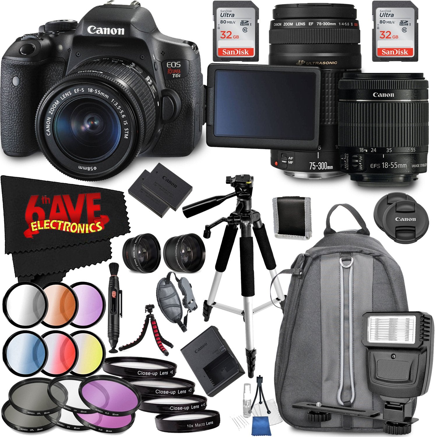 Canon EOS Rebel T6i DSLR Camera + 18-55mm Lens + 75-300mm Lens + 2 SanDisk 32GB Memory Cards Bundle International Model