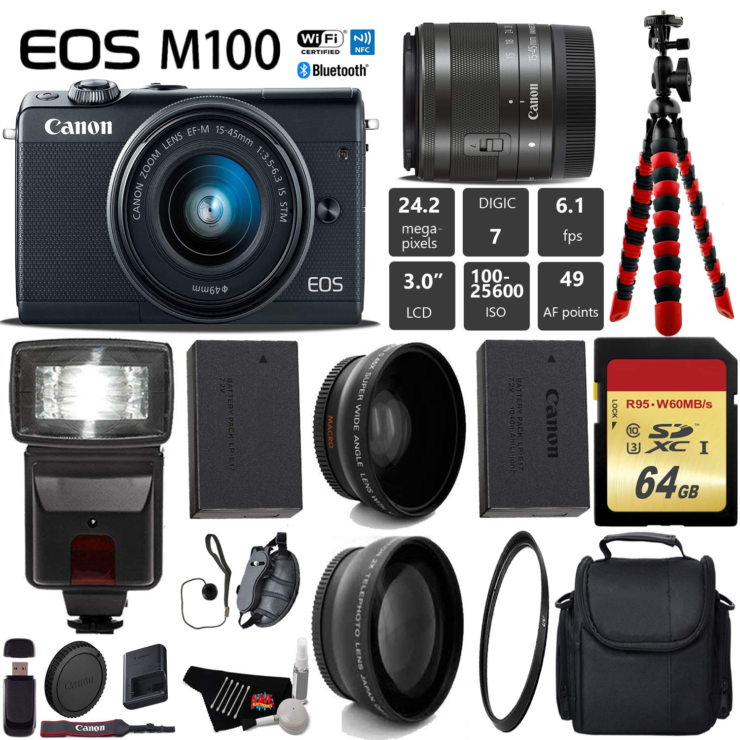 Canon EOS M100 Mirrorless Digital Camera (Black) with 15-45mm Lens + Flash + UV FLD CPL Filter Kit + Wide Angle& Telepho