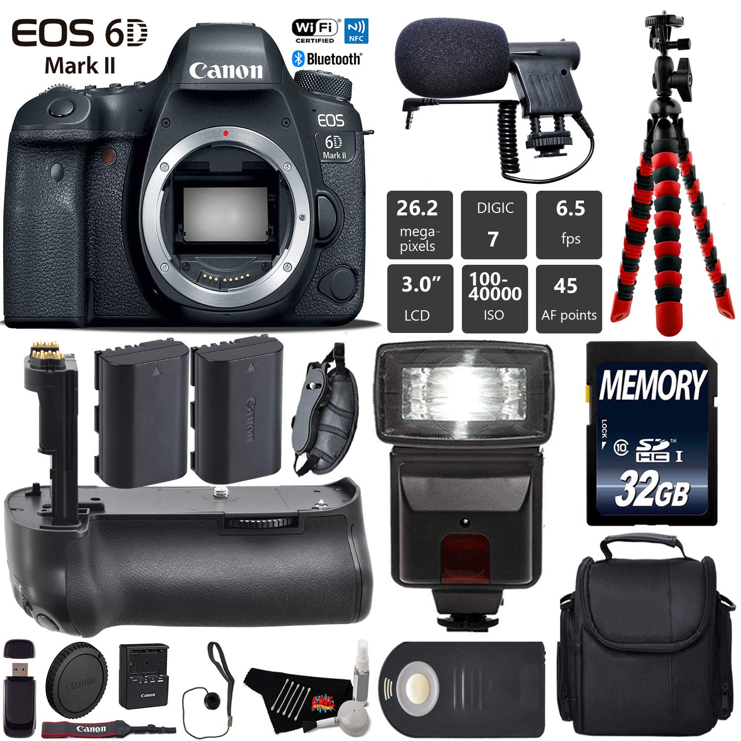 Canon EOS 6D Mark II DSLR Camera (Body Only) + Professional Battery Grip + Condenser Microphone + Flash + Extra Battery Starter Bundle