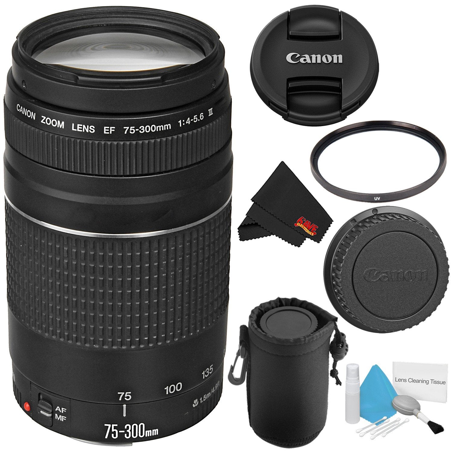 Canon EF 75-300mm f/4-5.6 III Telephoto Zoom Lens 6473A003 + Deluxe Lens Pouch + Deluxe Cleaning Kit + MicroFiber Cloth Bundle