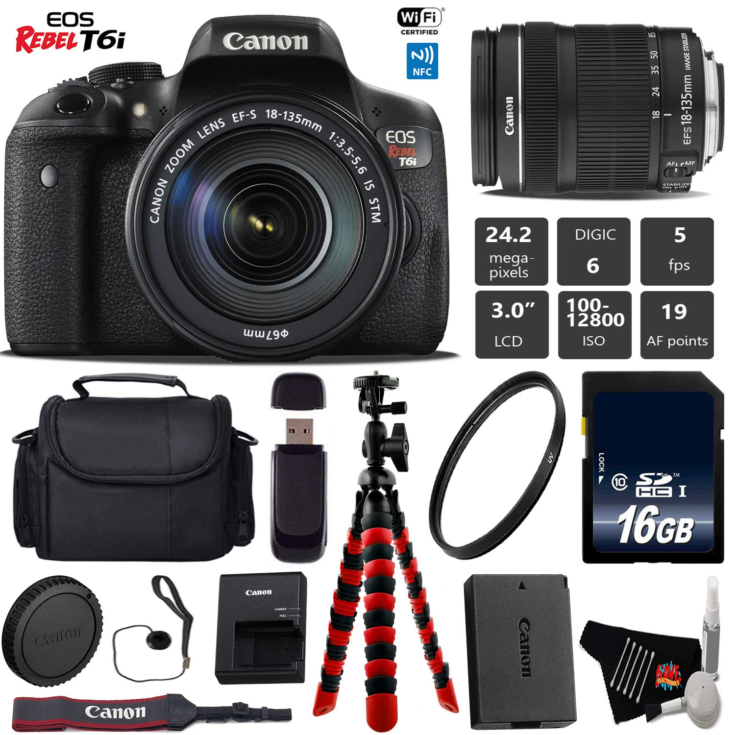 Canon EOS Rebel T6i DSLR Camera with 18-135mm is STM Lens + Flexible Tripod + UV Protection Filter + Professional Case +