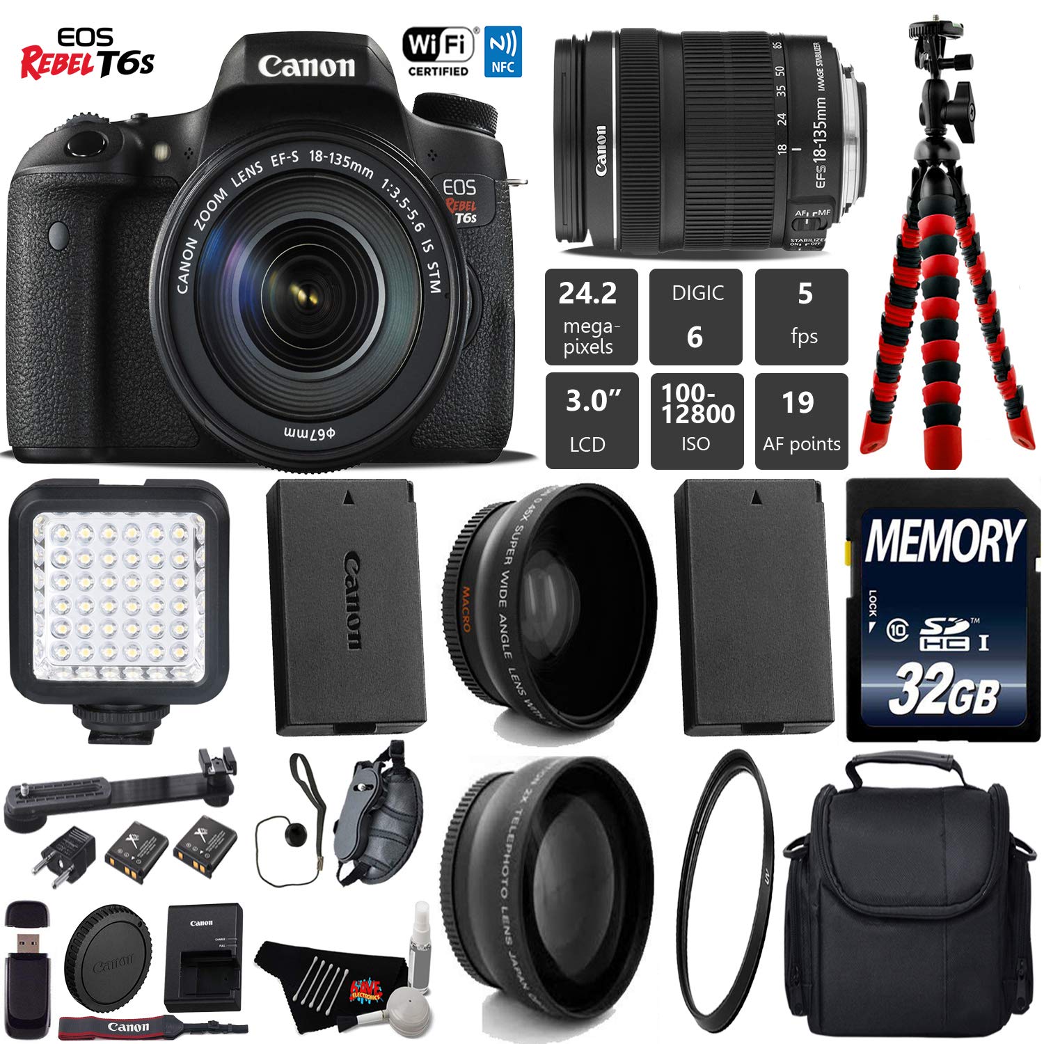 Canon EOS Rebel T6S DSLR Camera 18-135mm is STM Lens + LED + UV FLD CPL Filter Kit + Wide Angle & Telephoto Lens Starter Bundle