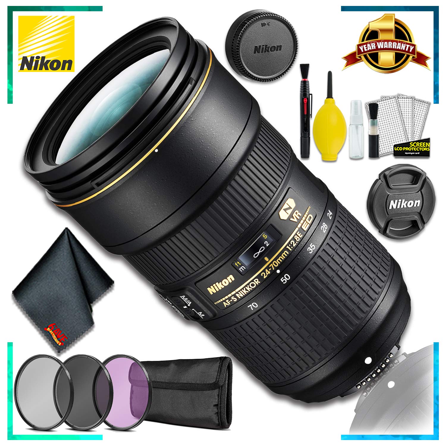 Nikon AF-S NIKKOR 24-70mm f/2.8E ED VR (Intl Model) + 3pcs UV Lens Filter Kit + Cleaning Kit
