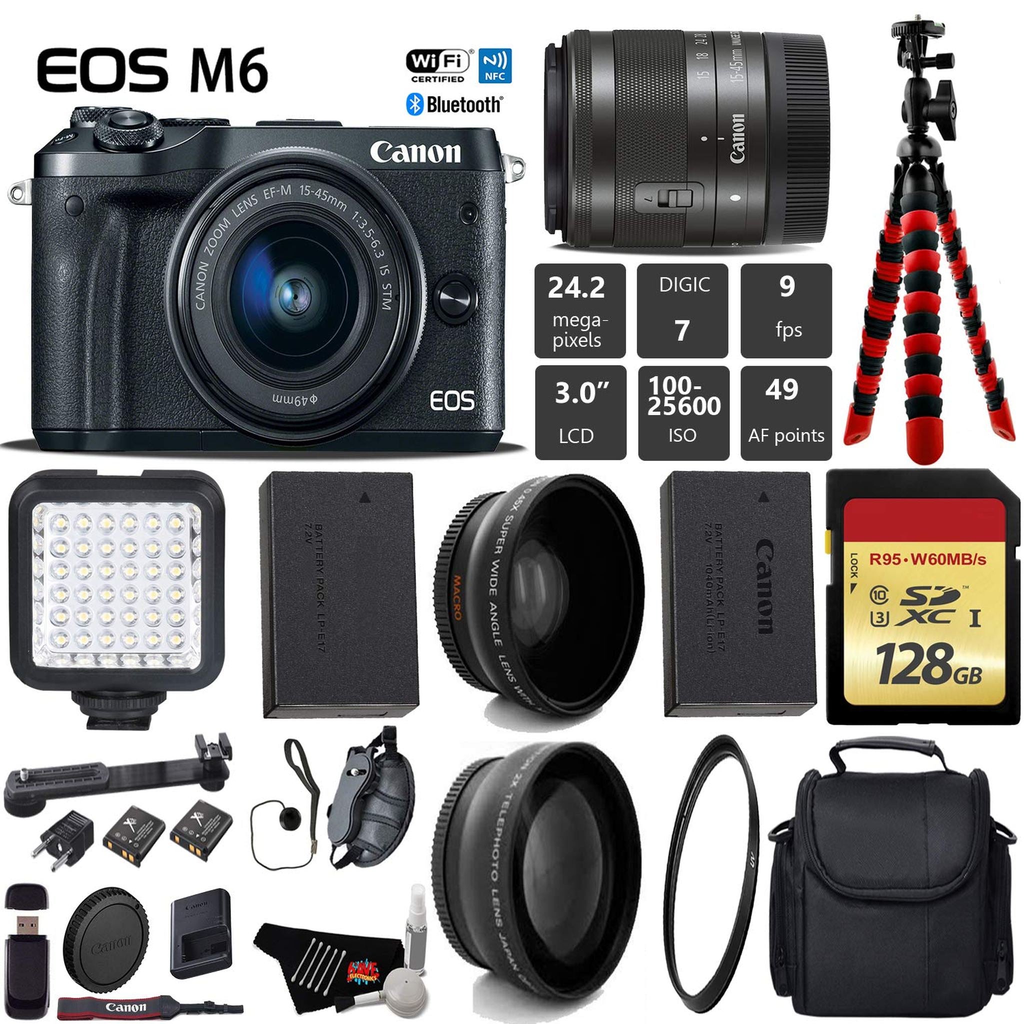 Canon EOS M6 Mirrorless Digital Camera with EF-M 15-45mm is STM Lens + LED + UV FLD CPL Filter Kit + Wide Angle& Telepho
