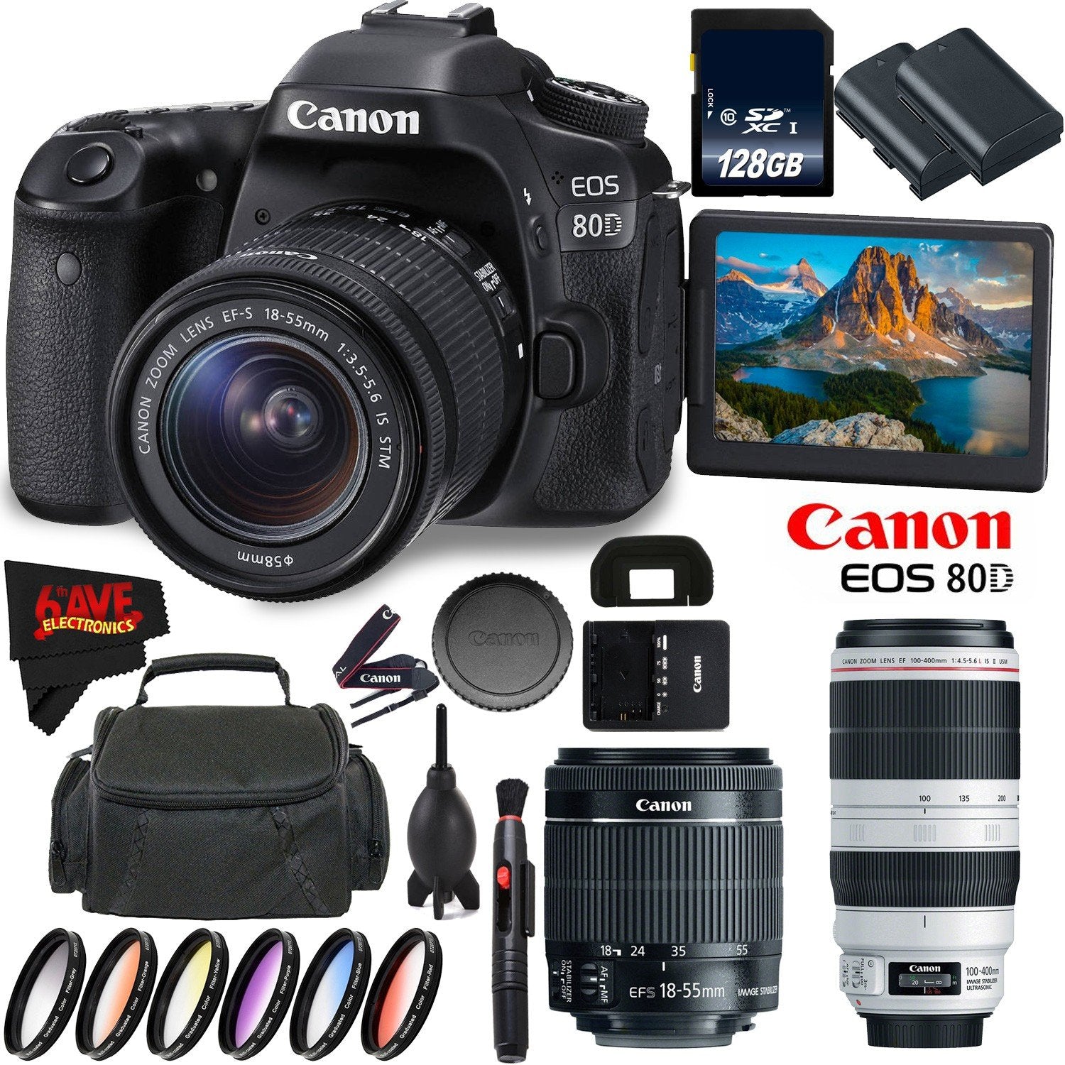 Canon EOS 80D DSLR Camera + 18-55mm Lens + Canon EF 100-400mm f/4.5-5.6L Lens + 128GB Memory Card International Version