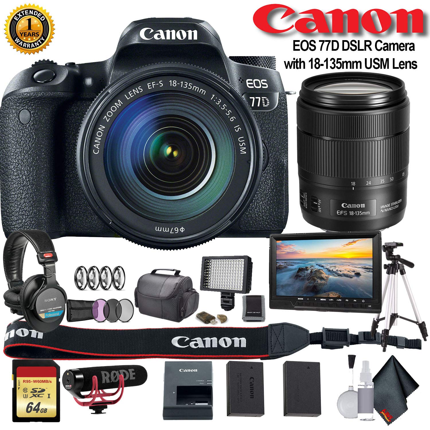 Canon EOS 77D DSLR Camera with 18-135mm USM Lens International Model 1892C002 W/Bag, Extra Battery, LED Light, Mic