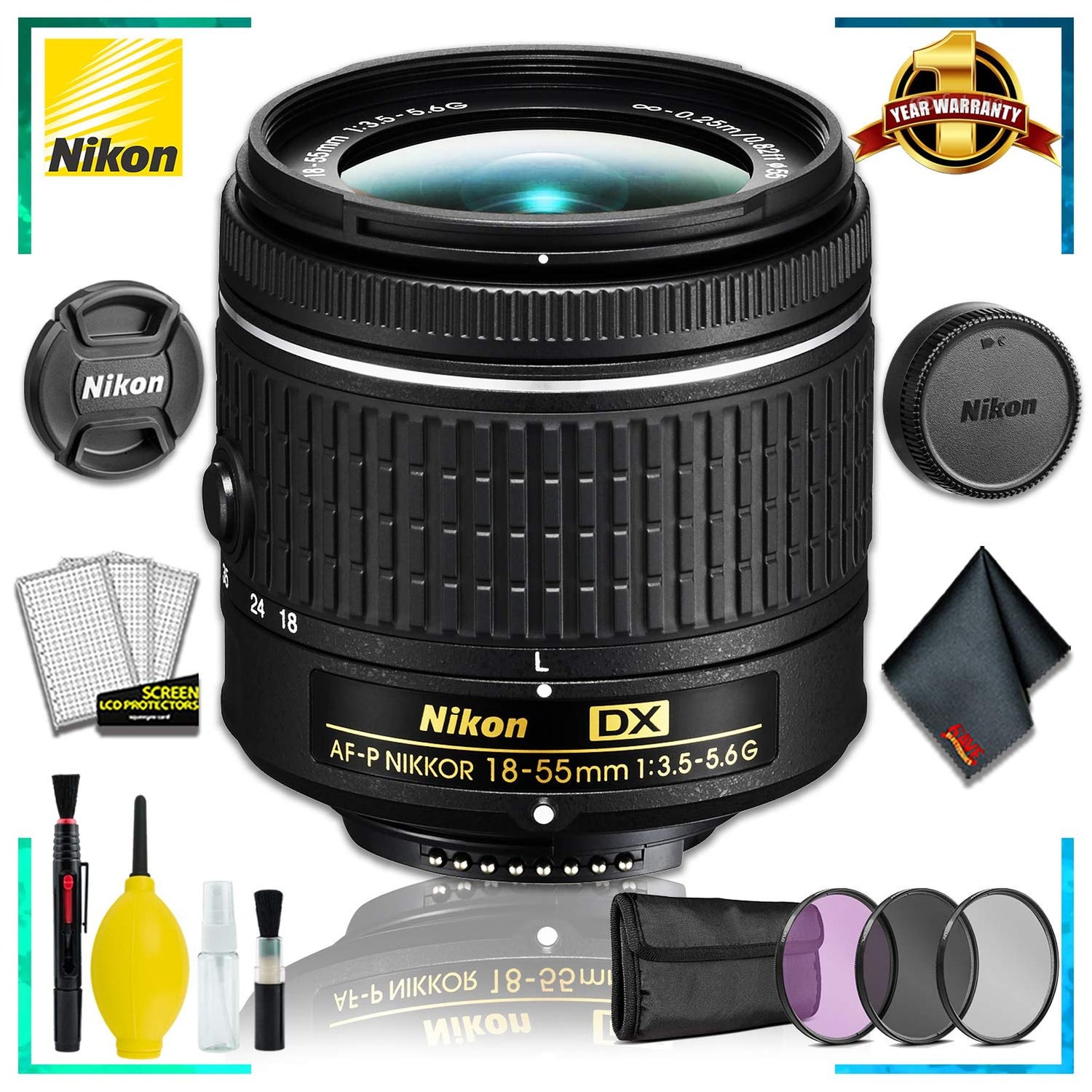 Nikon 18-55 f/3.5-5.6G AF-P DX Lens (Intl Model) + 3pcs UV Lens Filter Kit + Cleaning Kit