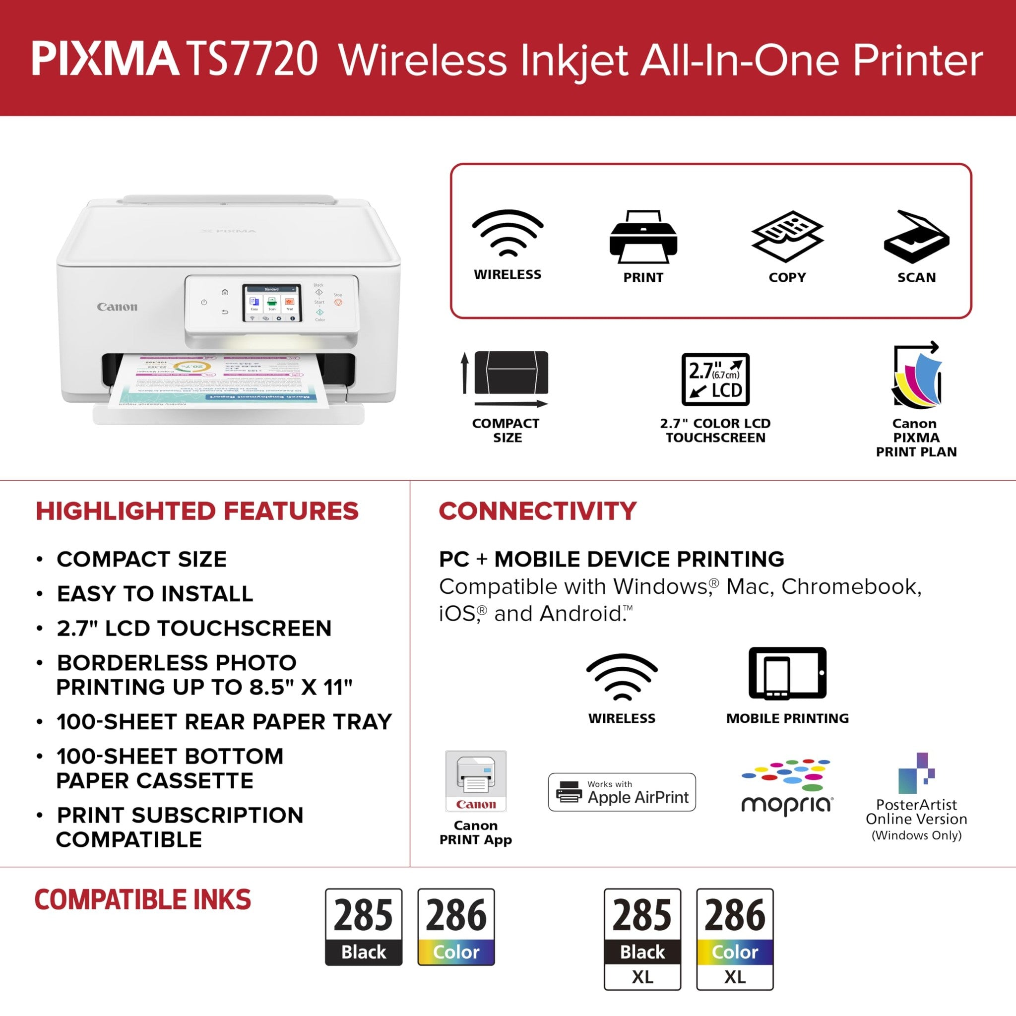 Canon PIXMA TS7720 Wireless All-in-One Color Inkjet Printer - Print, Copy, Scan - Auto Duplex, 15/10 PPM, 2.7” Touchscreen, Compact Home Photo Printer with Easy Setup