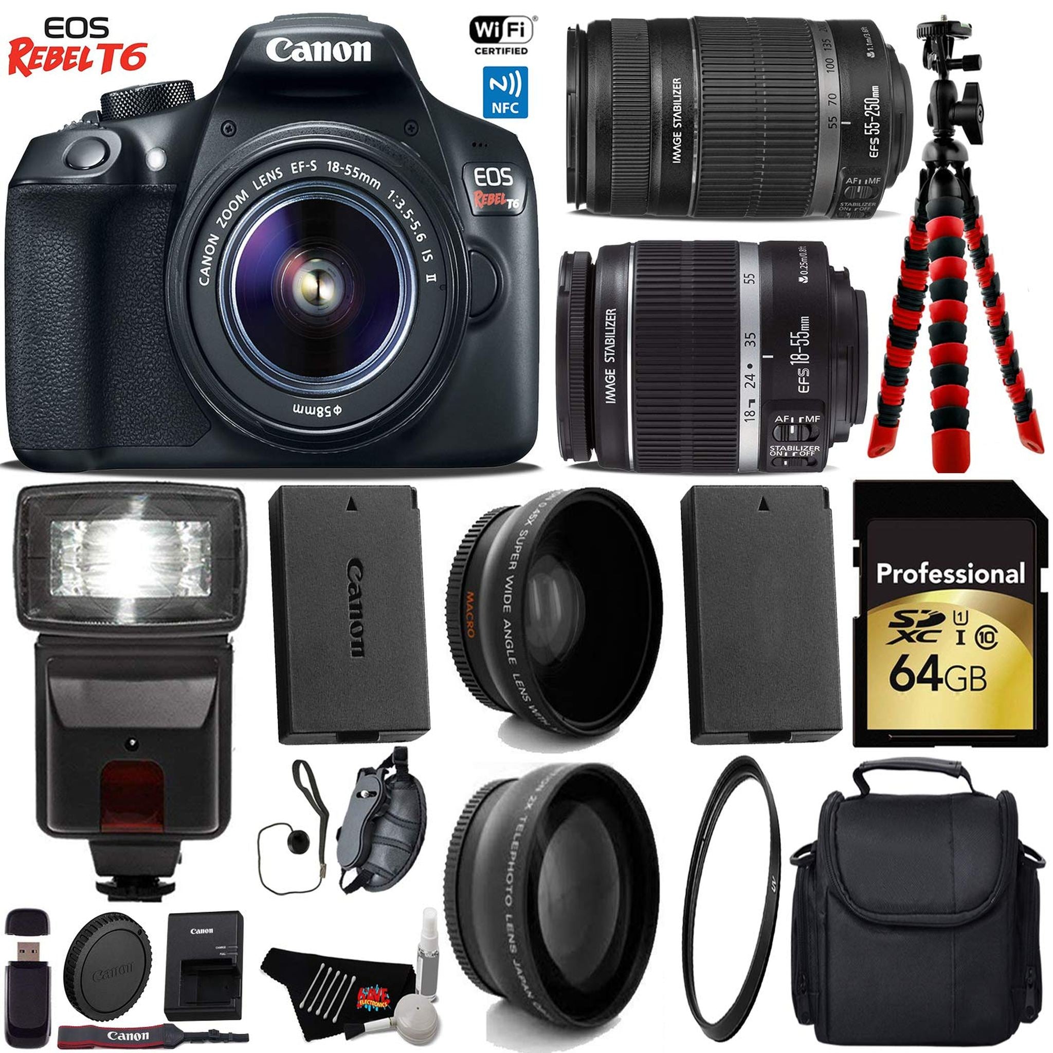Canon EOS Rebel T6 DSLR Camera 18-55mm is Lens & 55-250mm is II Lens + Flash + UV FLD CPL Filter Kit + Wide Angle & Tele Canon