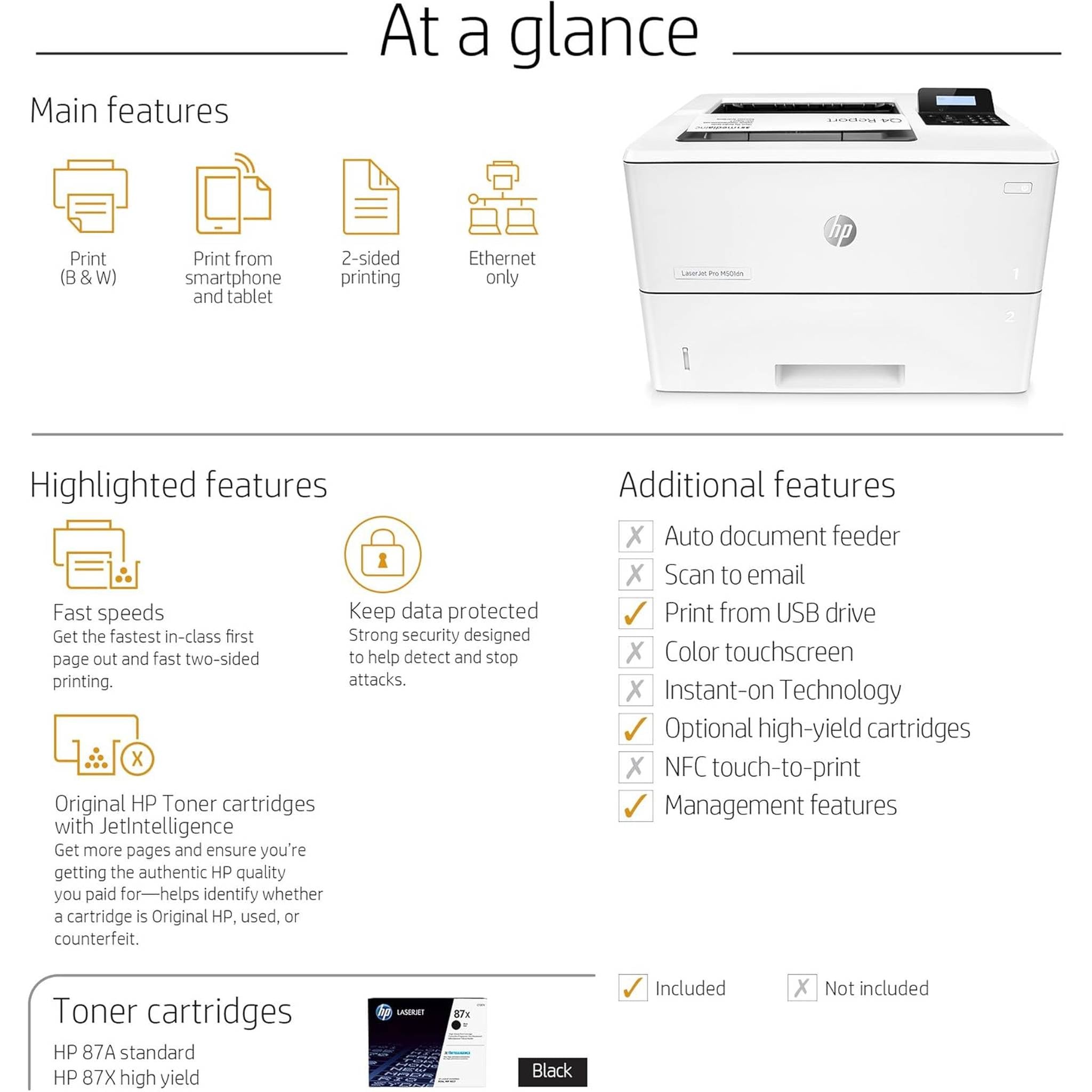 HP LaserJet Pro M501dn Monochrome Laser Printer With Built-in Ethernet And Duplex Printing J8H61A With Power Strip Surge Protector and Cleaning Cloth