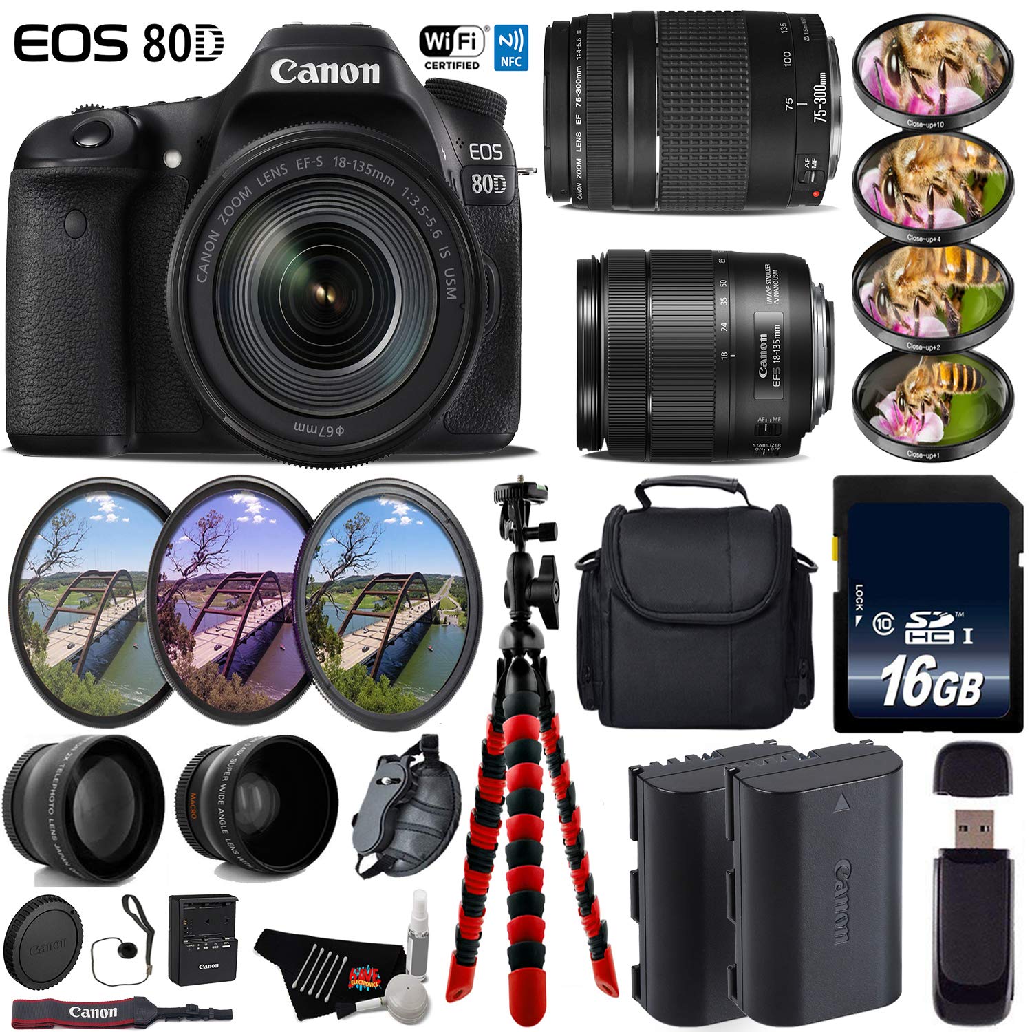 Canon EOS 80D DSLR Camera & 18-135mm is STM Lens & 75-300mm III Lens + UV FLD CPL Filter Kit + 4 PC Macro Kit Advanced Bundle