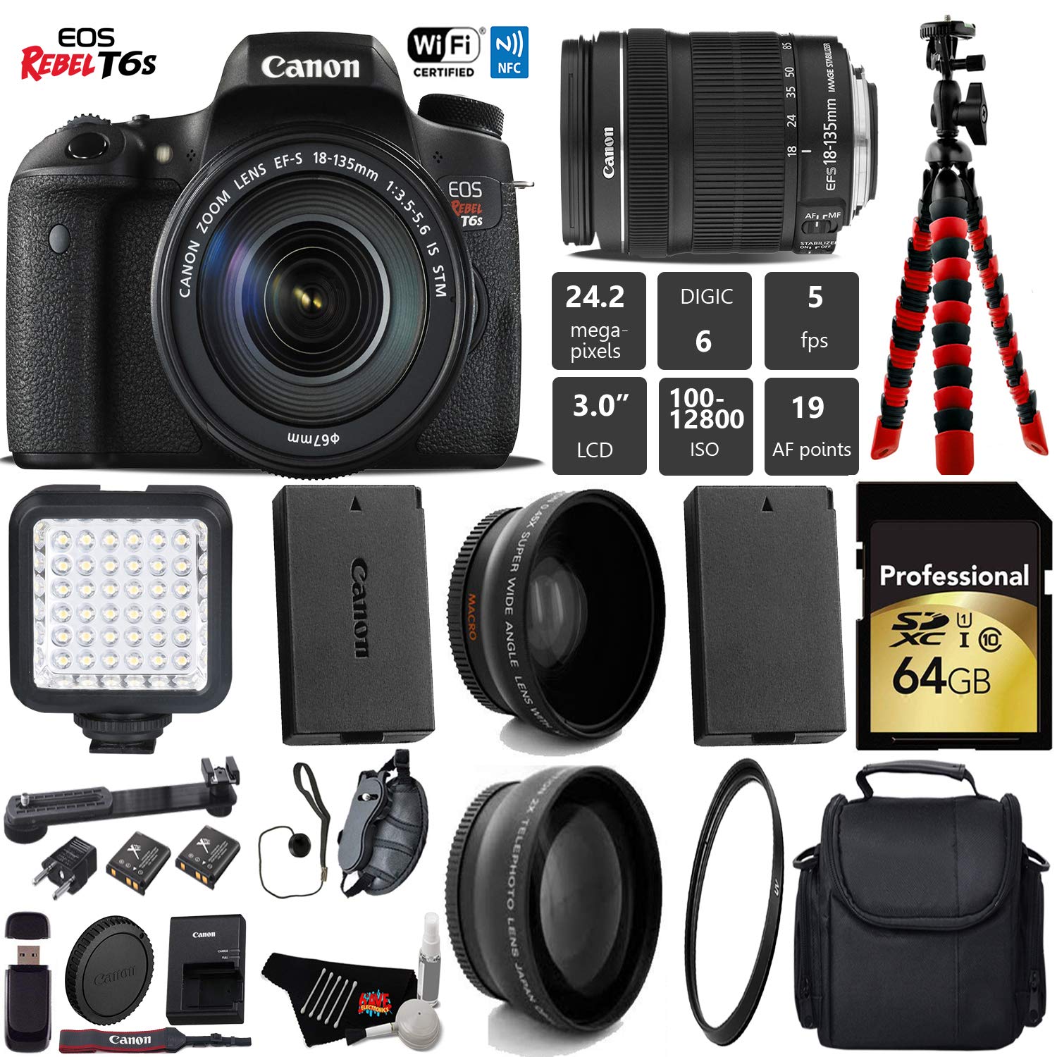 Canon EOS Rebel T6S DSLR Camera 18-135mm is STM Lens + LED + UV FLD CPL Filter Kit + Wide Angle & Telephoto Lens Pro Bundle